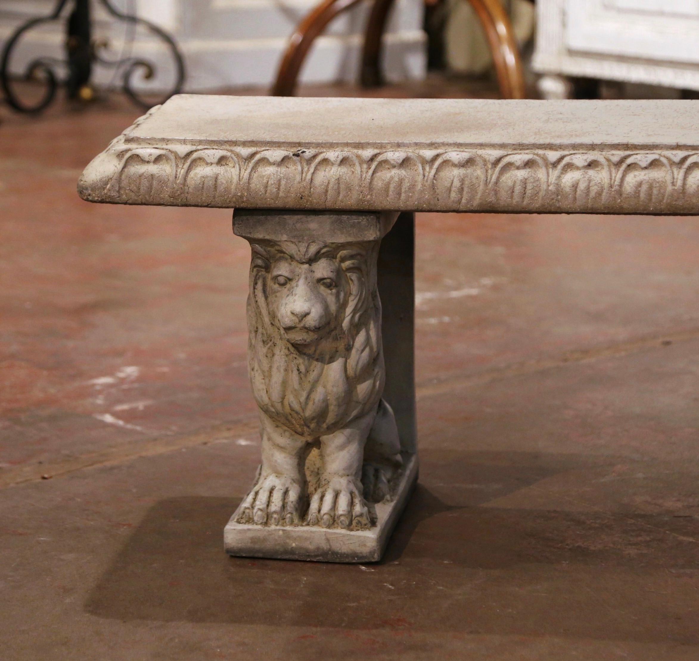 Patinated Vintage French Weathered Concrete Three-Piece Garden Bench with Lion Figures