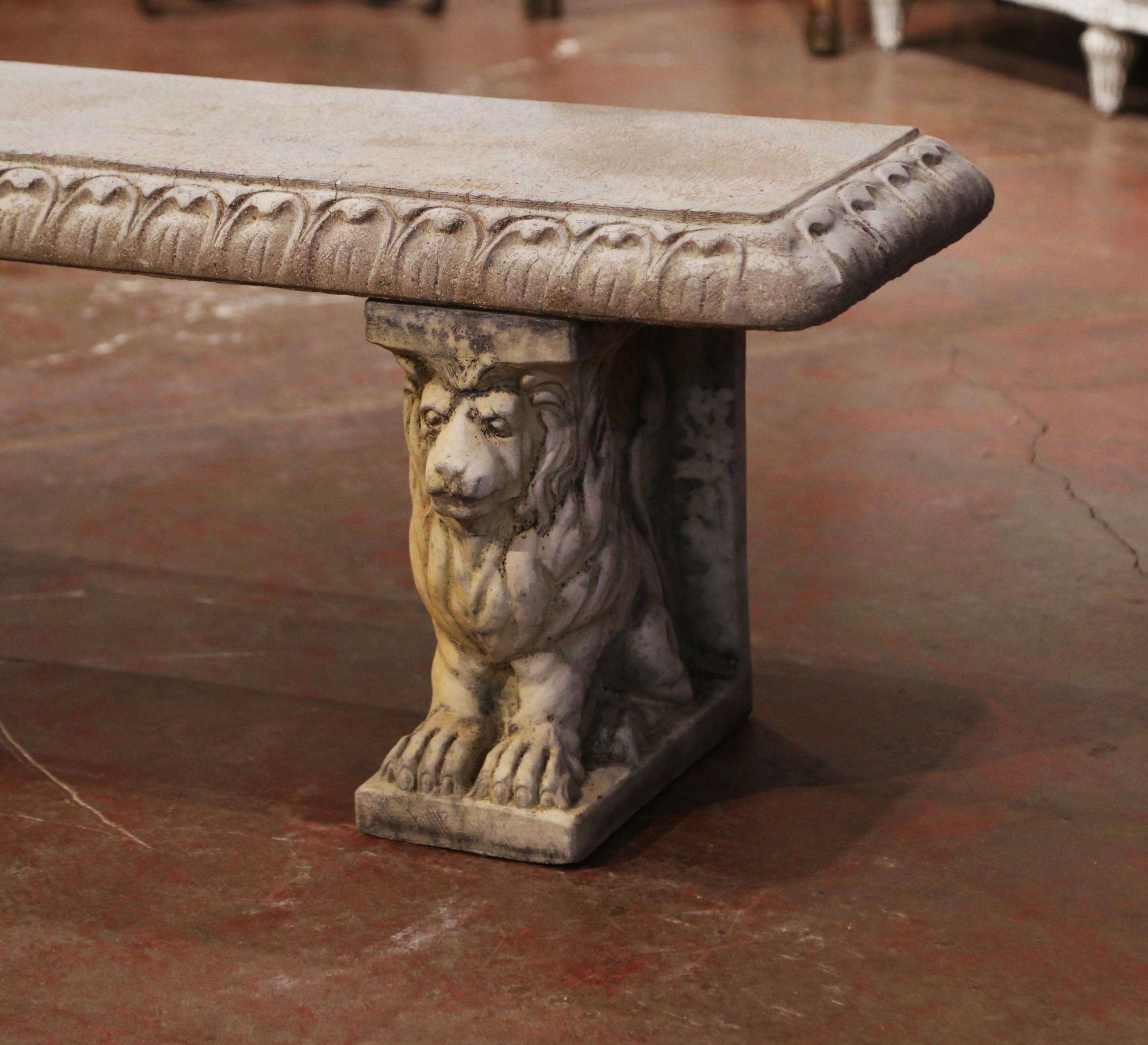 Vintage French Weathered Concrete Three-Piece Garden Bench with Lion Figures In Excellent Condition In Dallas, TX