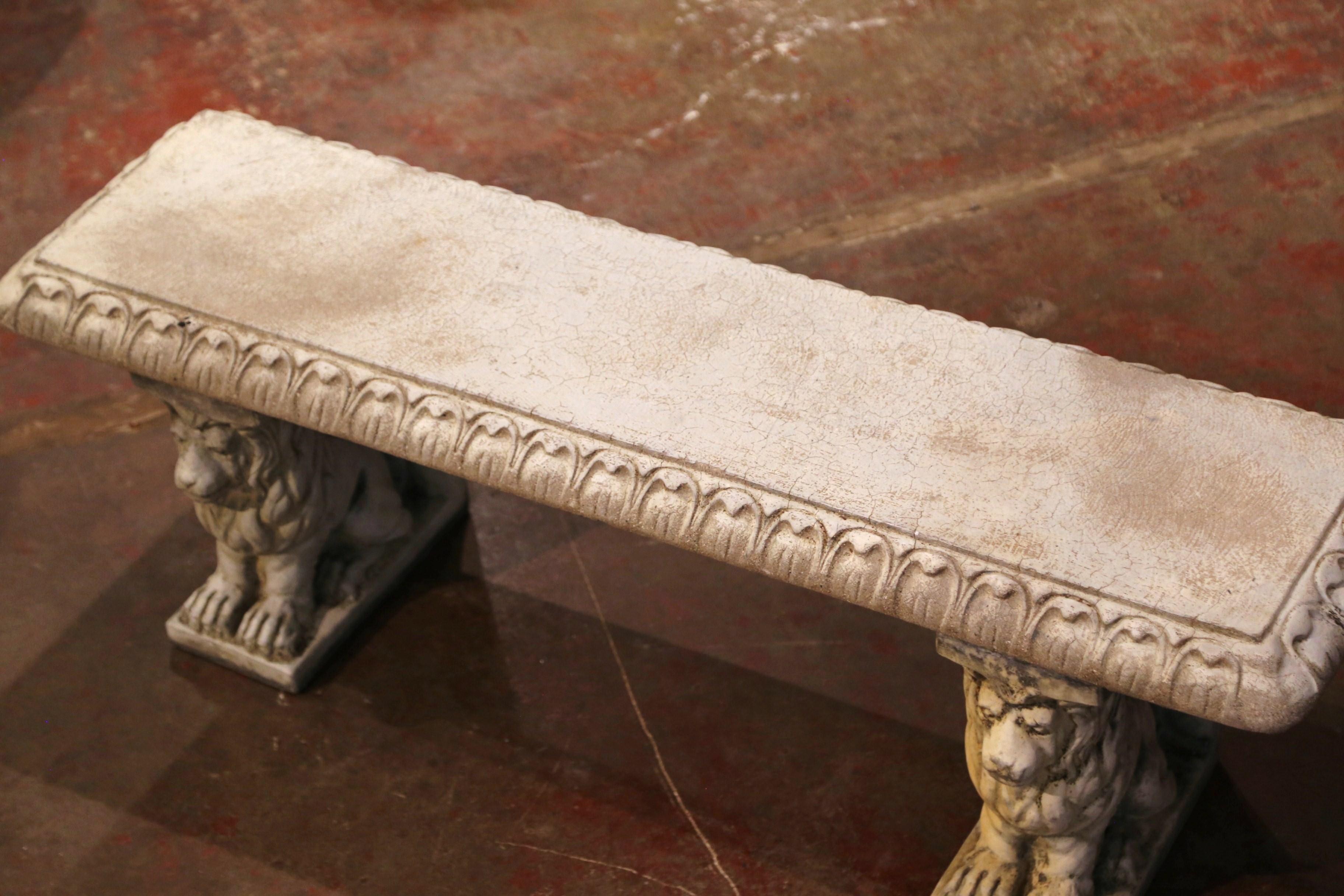 20th Century Vintage French Weathered Concrete Three-Piece Garden Bench with Lion Figures