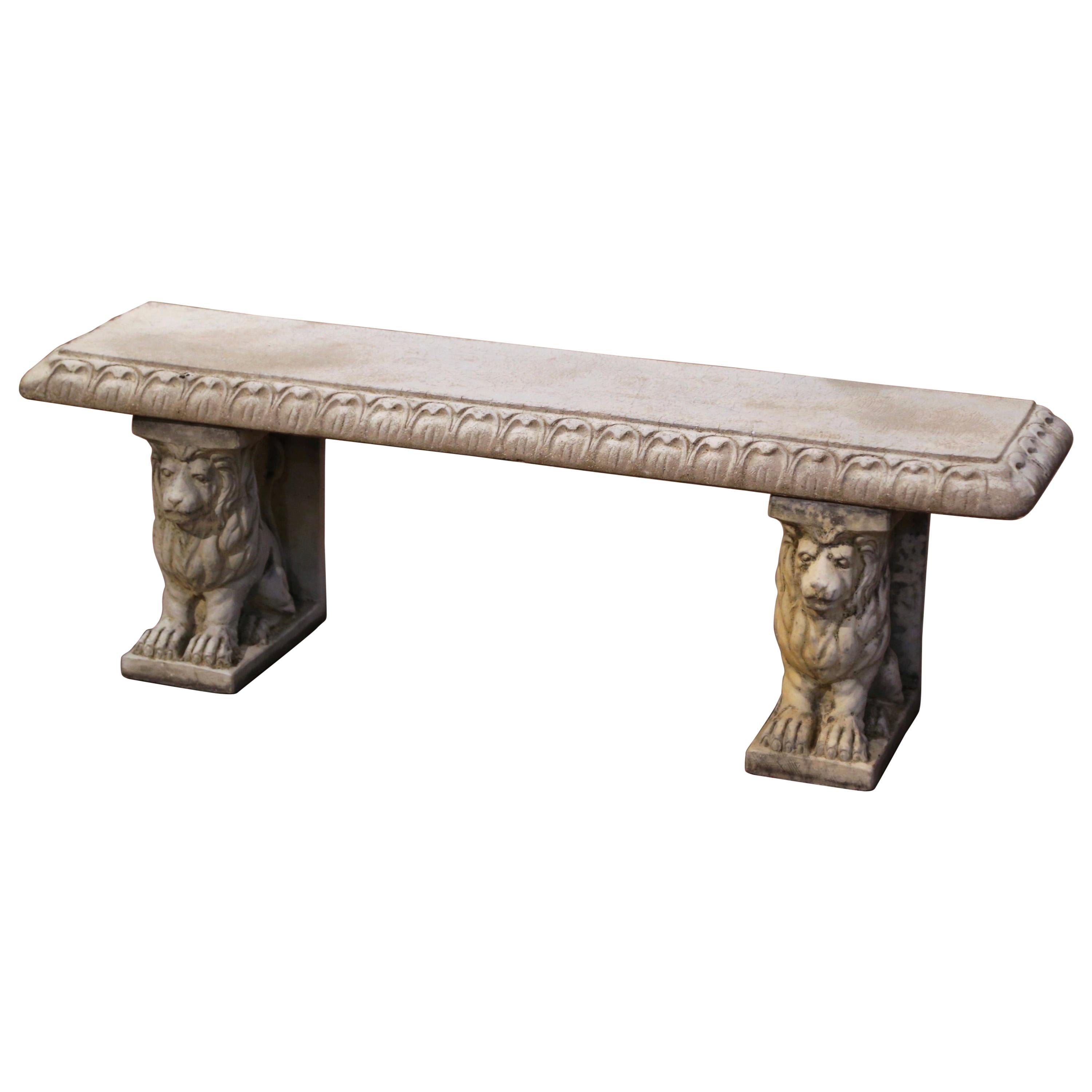 Vintage French Weathered Concrete Three-Piece Garden Bench with Lion Figures