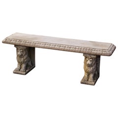 Retro French Weathered Concrete Three-Piece Garden Bench with Lion Figures