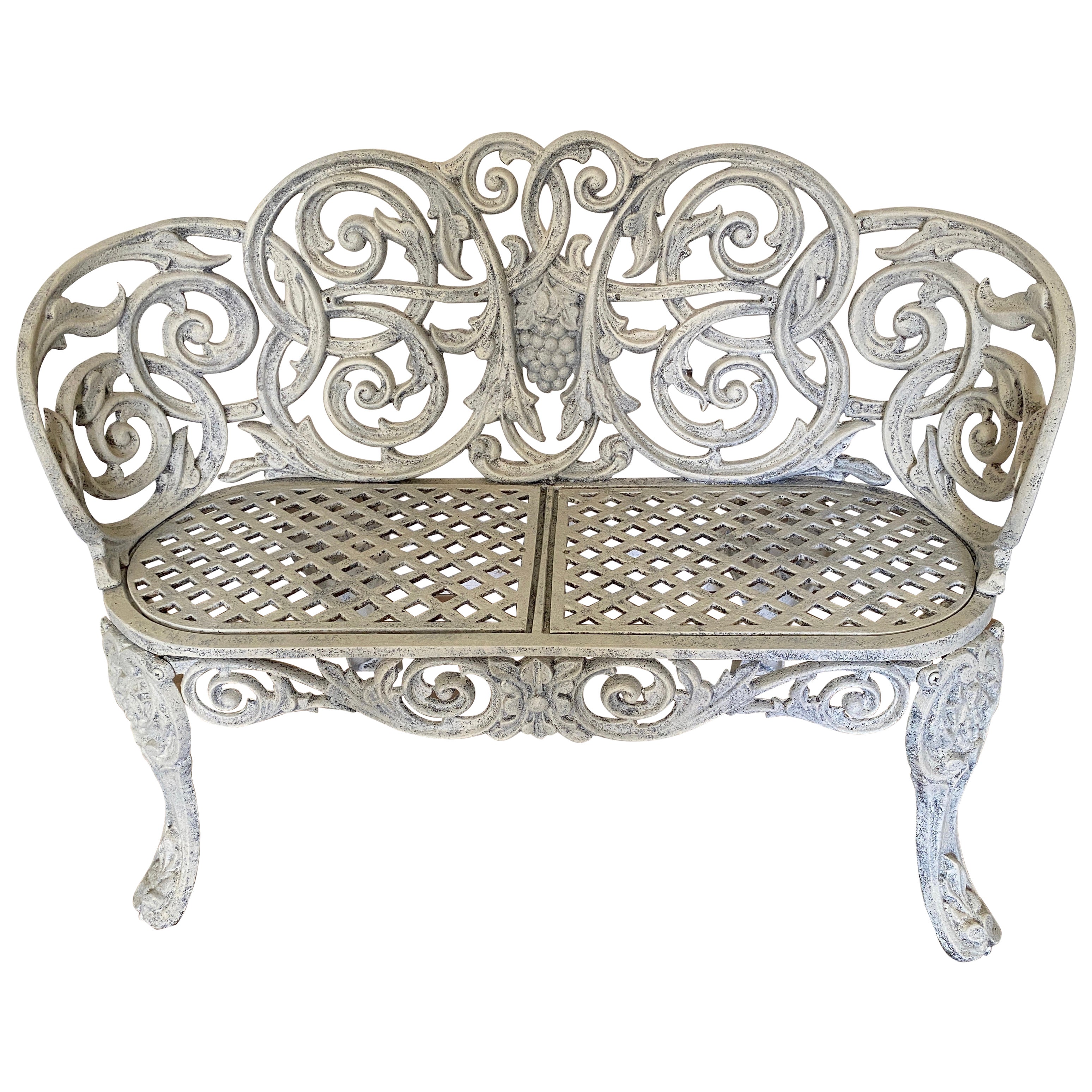 Loveseat o pequeño banco de jardín francés vintage de hierro fundido blanco