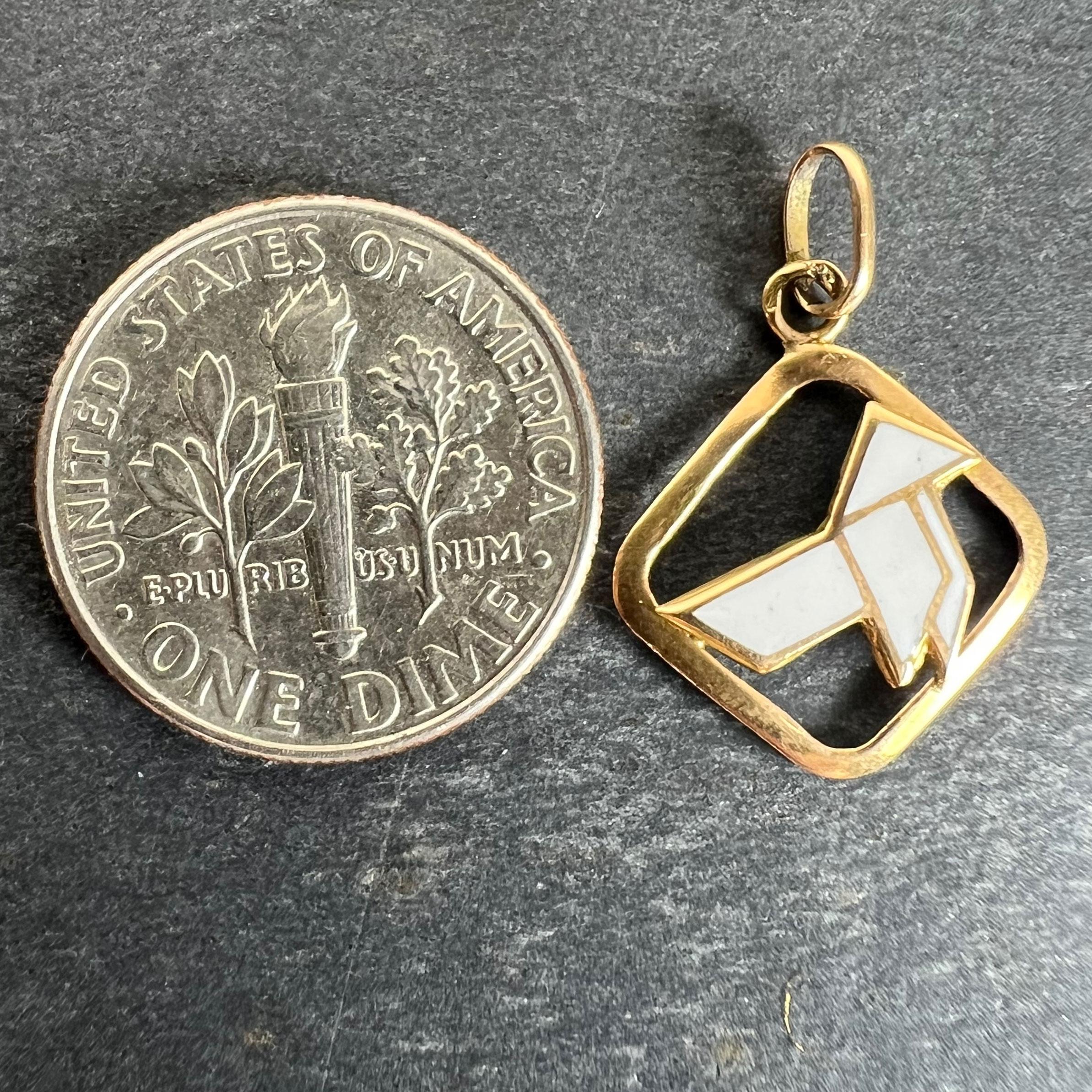 Vintage French White Origami Bird Enamel 18K Yellow Gold Charm Pendant For Sale 5