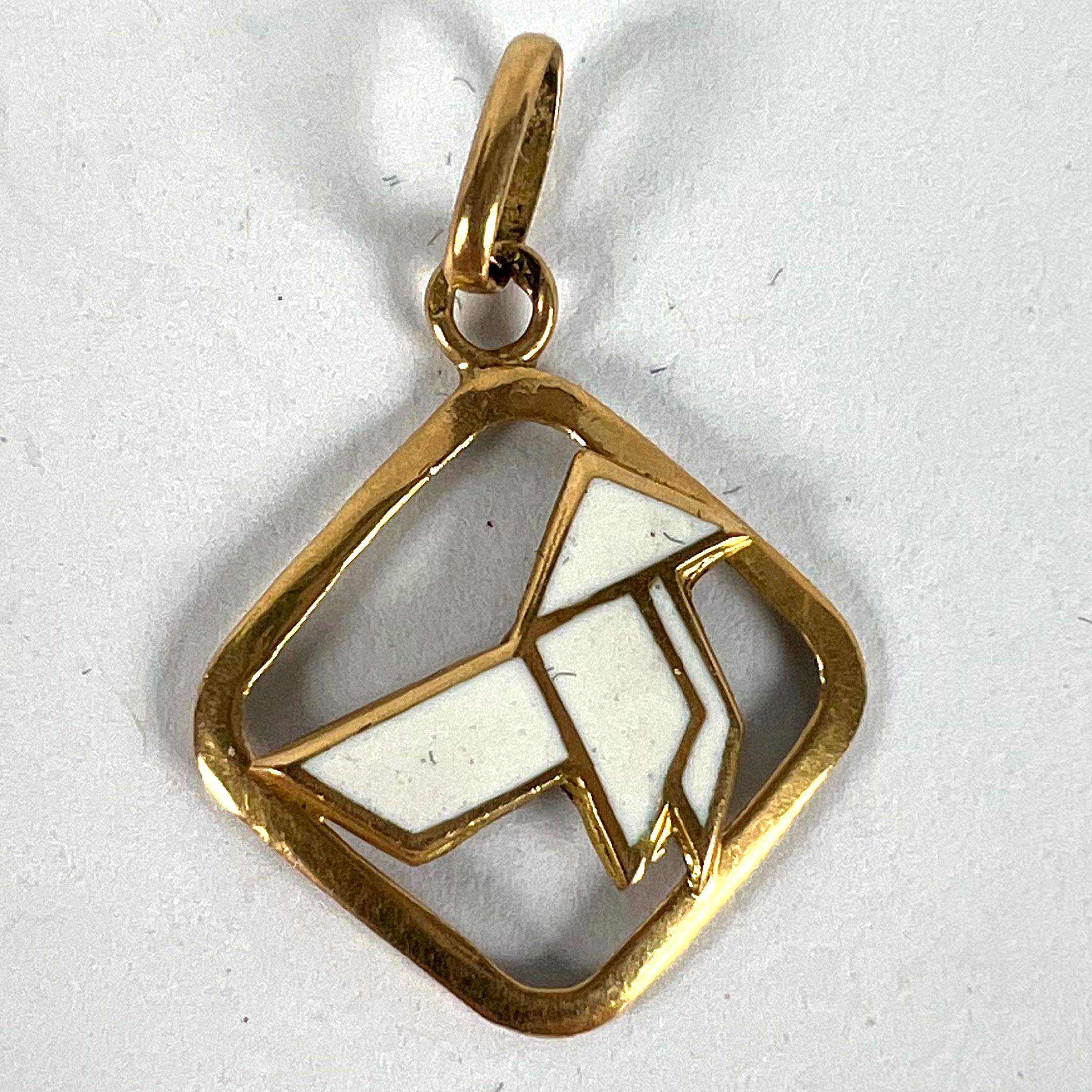 Vintage French White Origami Bird Enamel 18K Yellow Gold Charm Pendant For Sale 6