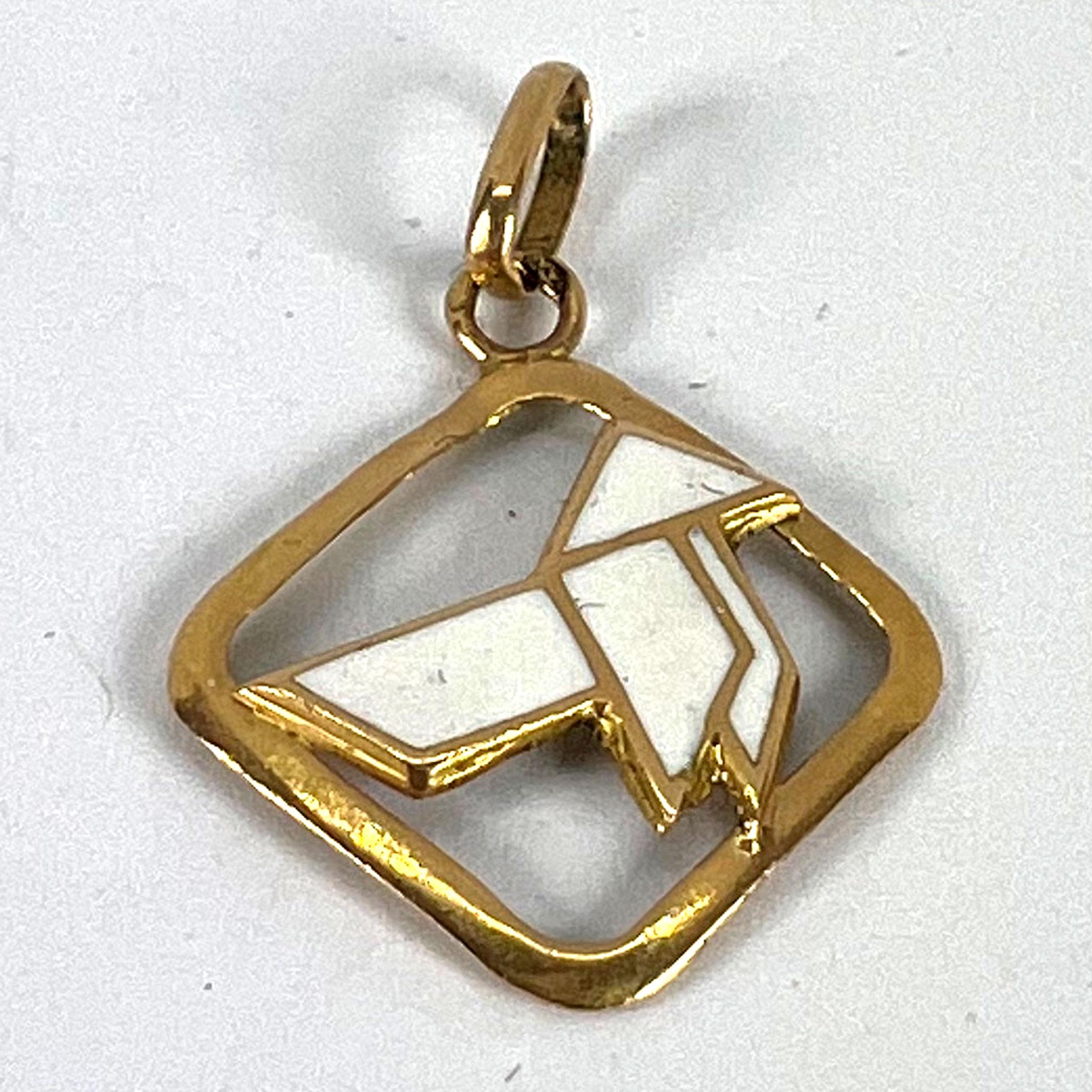 Vintage French White Origami Bird Enamel 18K Yellow Gold Charm Pendant For Sale 8