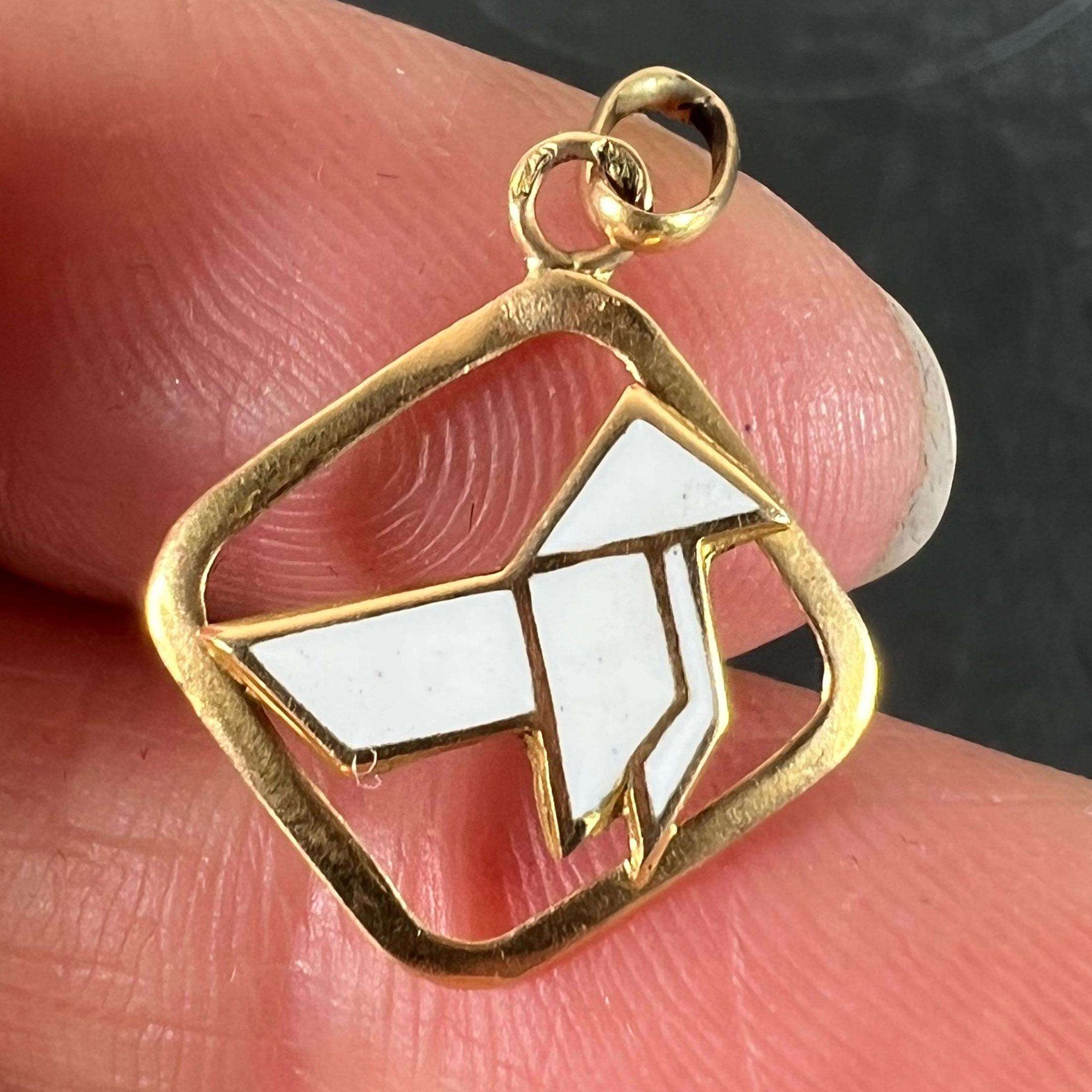 Women's Vintage French White Origami Bird Enamel 18K Yellow Gold Charm Pendant For Sale