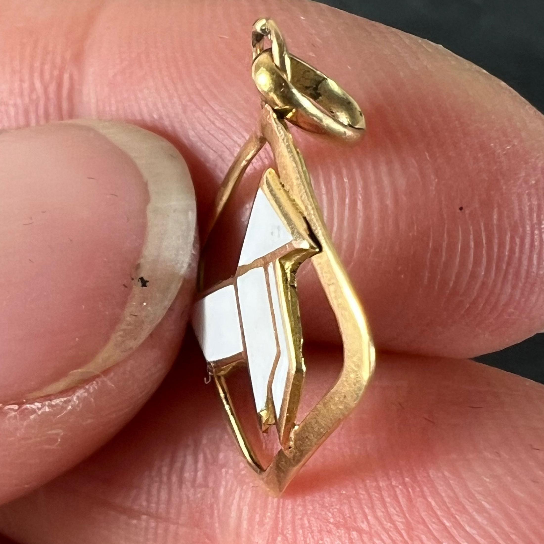 Vintage French White Origami Bird Enamel 18K Yellow Gold Charm Pendant For Sale 2