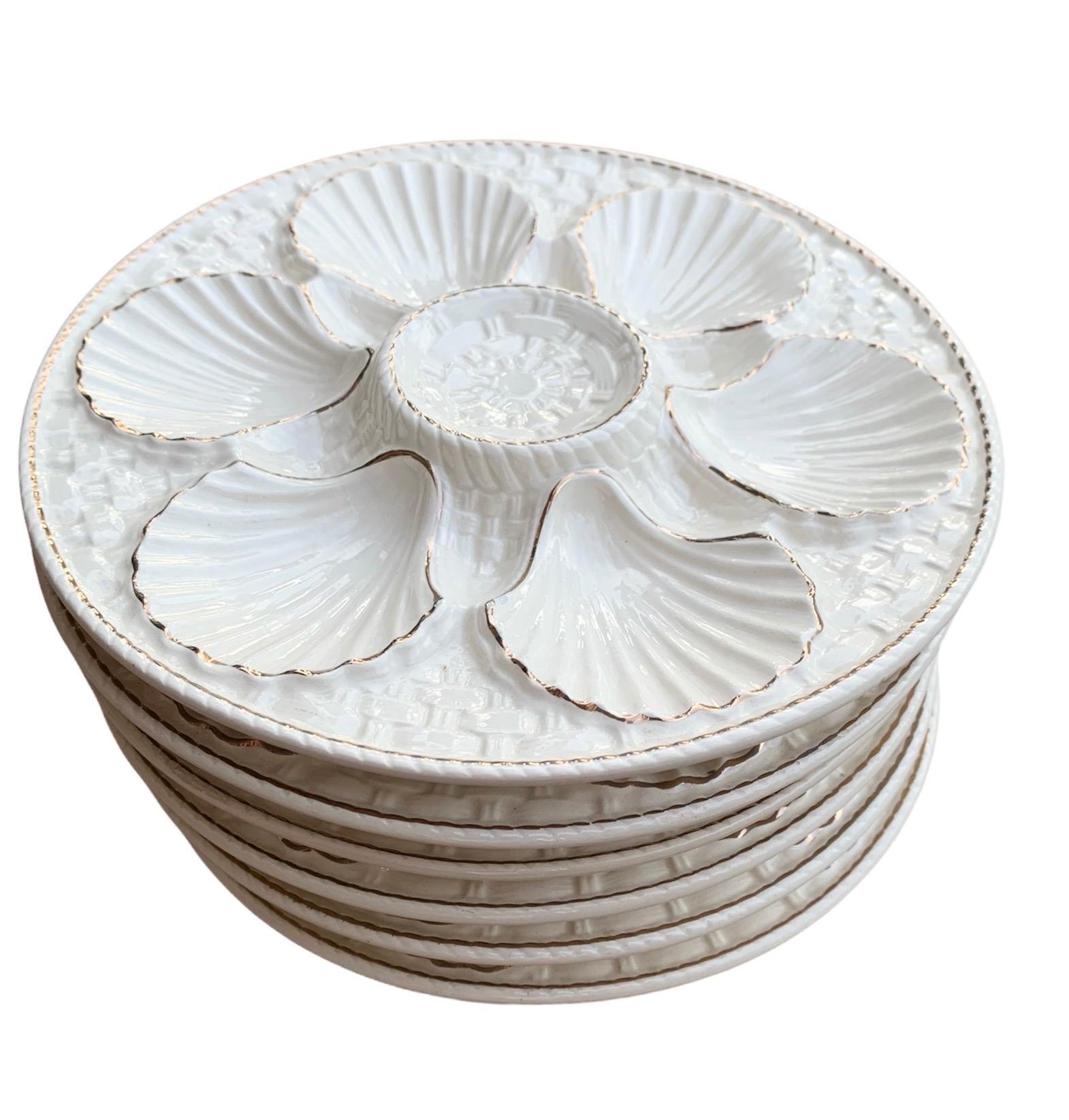 Vintage French White Oyster Plates with Gold Trim 12