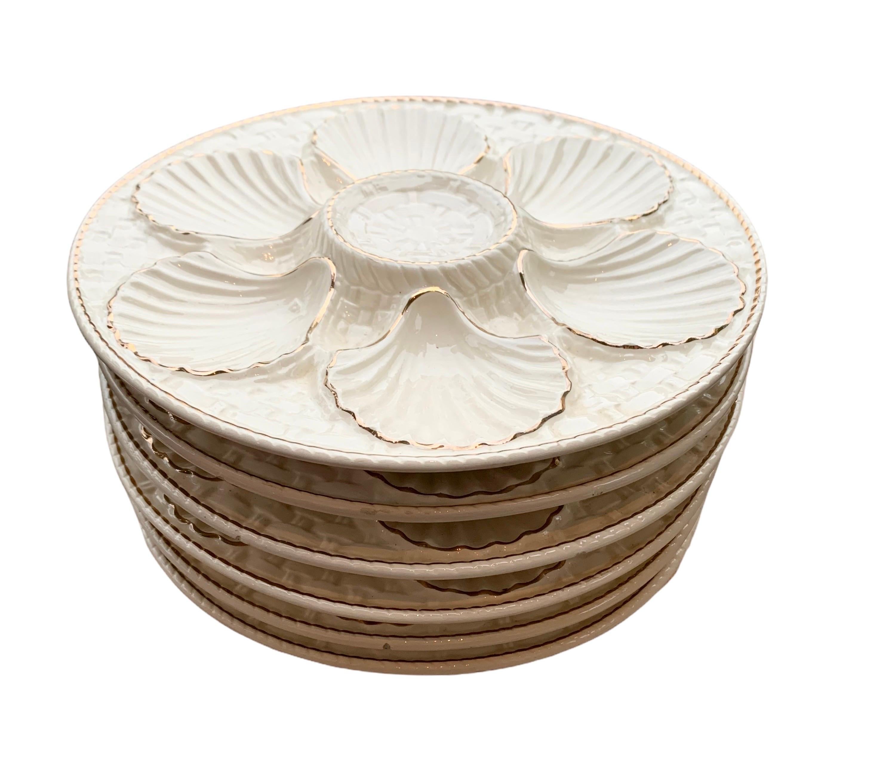 Hand-Painted Vintage French White Oyster Plates with Gold Trim