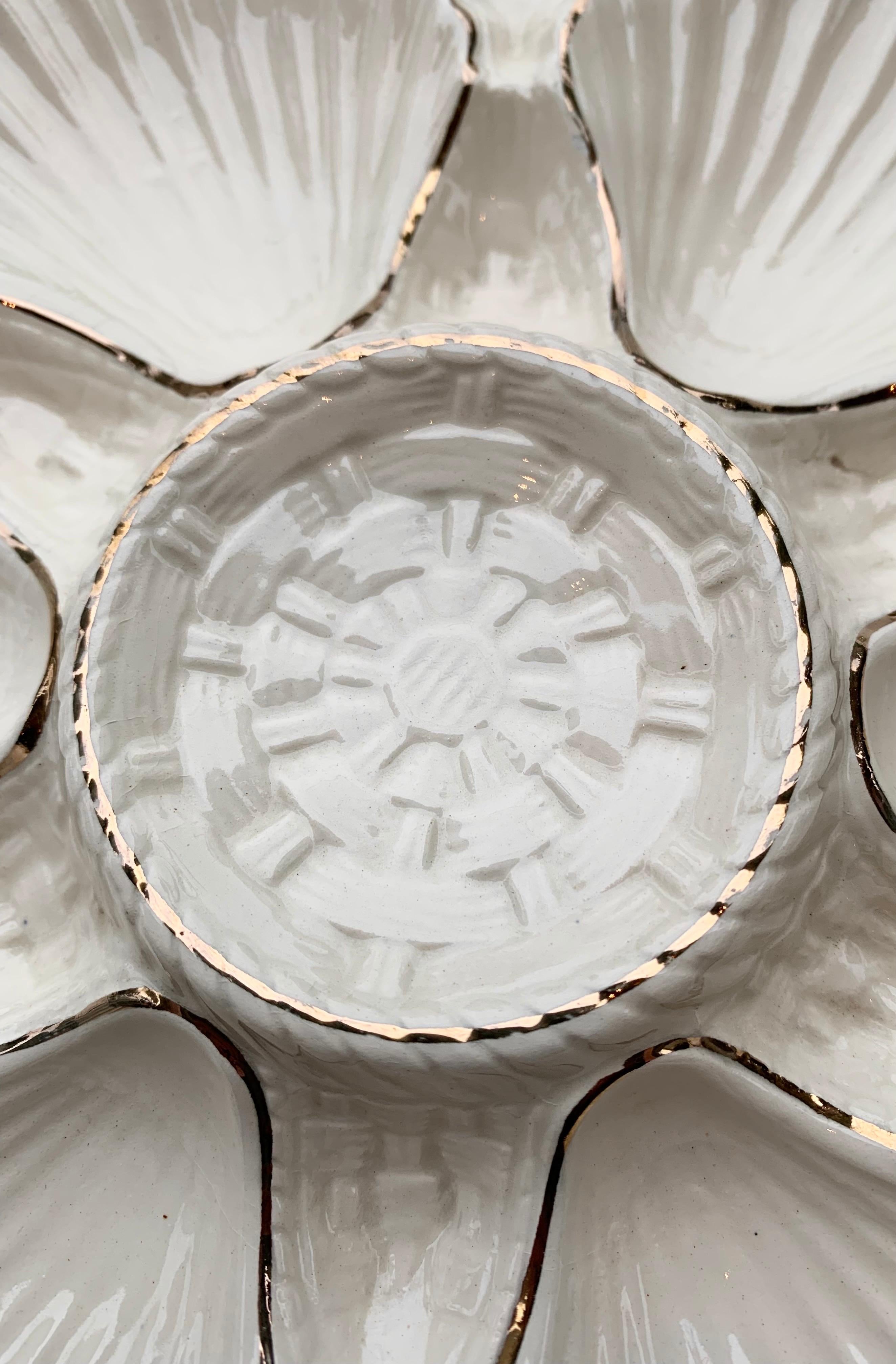 Vintage French White Oyster Plates with Gold Trim In Good Condition In New Orleans, LA