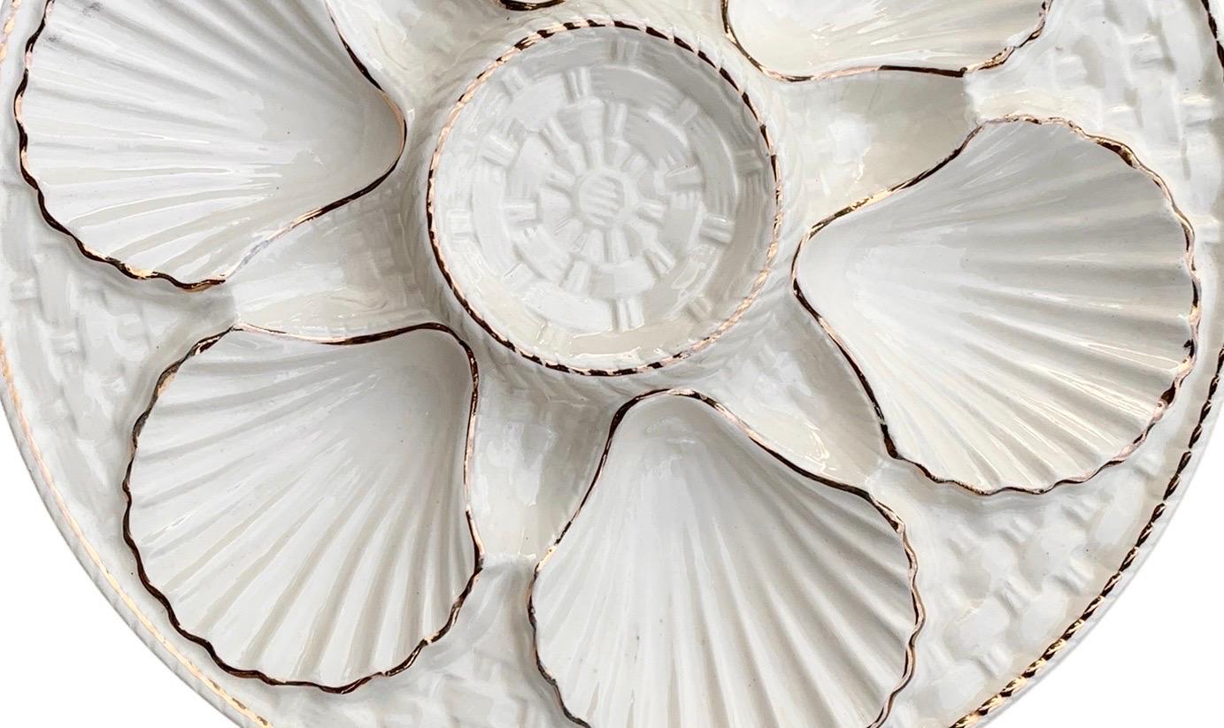 Majolica Vintage French White Oyster Plates with Gold Trim