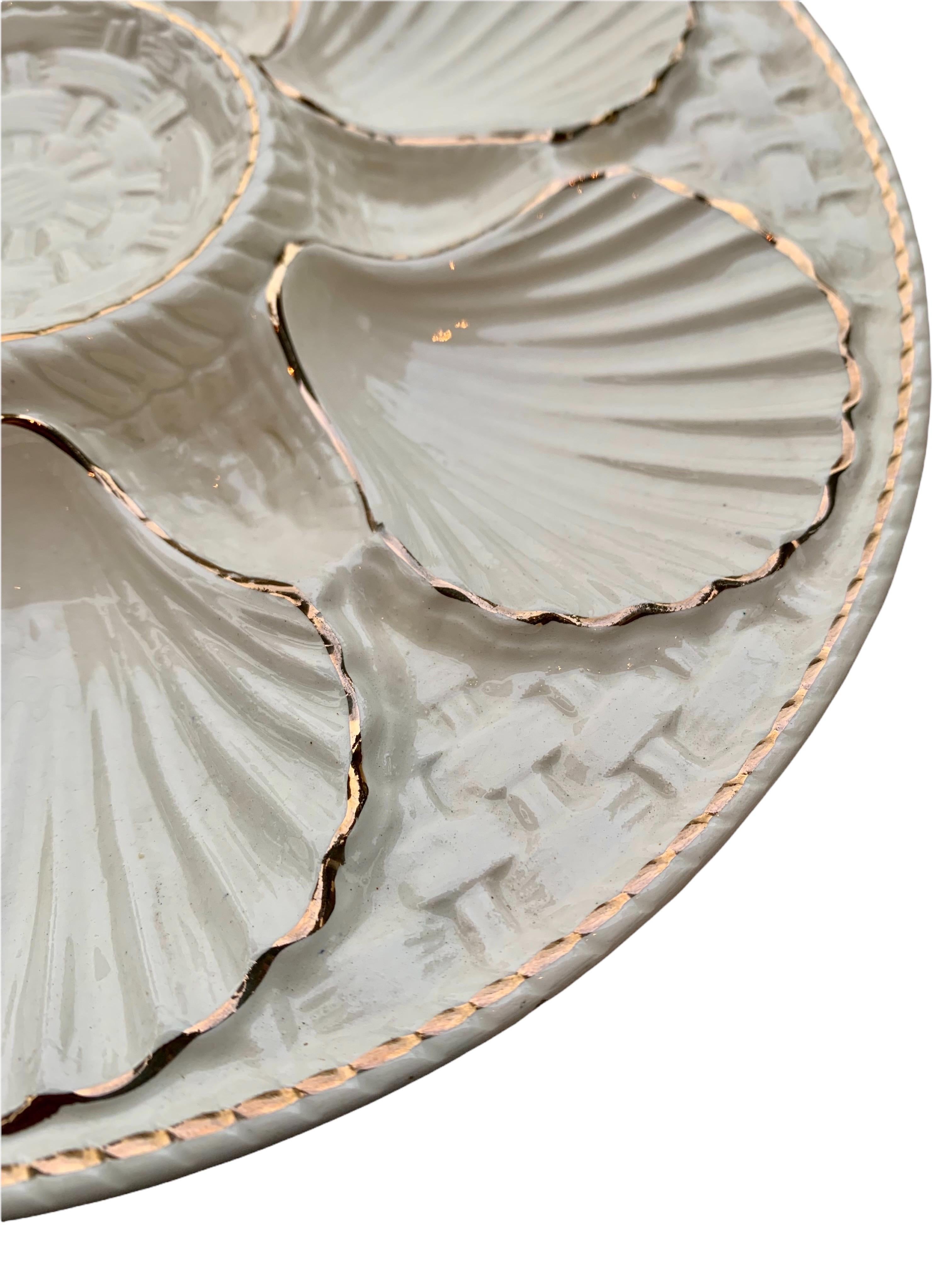 Vintage French White Oyster Plates with Gold Trim 1