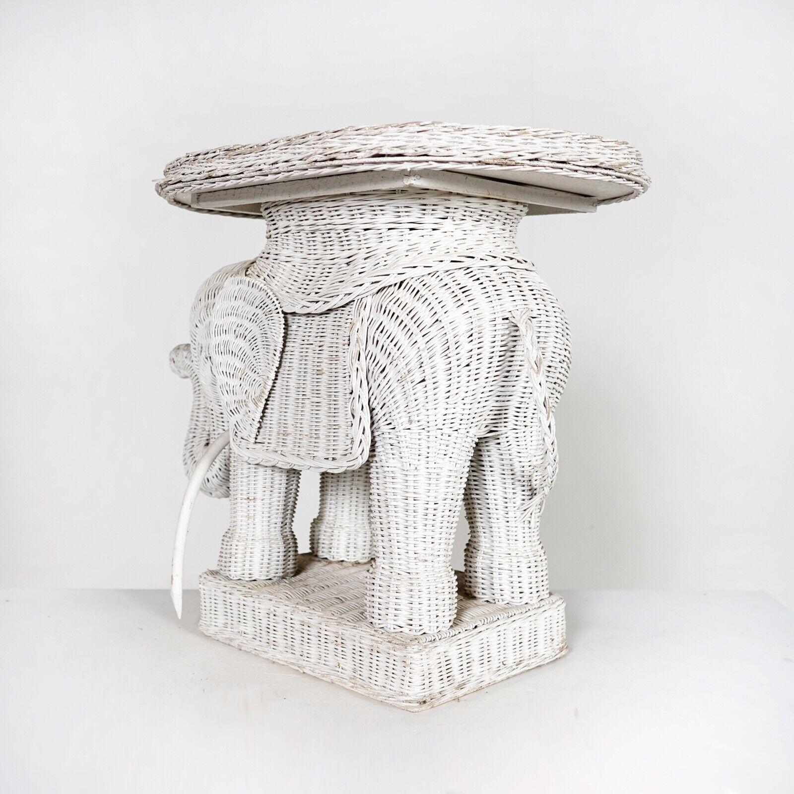 Vintage French White Wicker Can Elephant Side Table With Tray 5