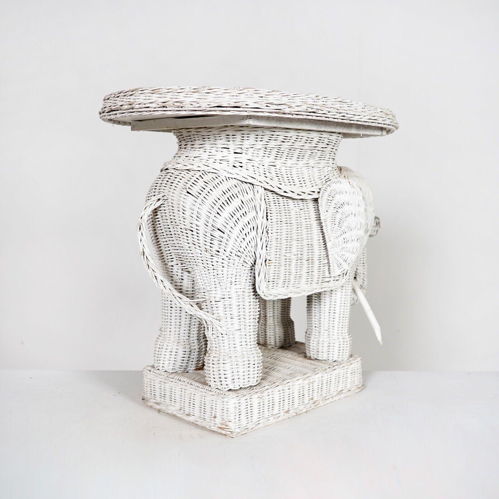 Vintage French White Wicker Can Elephant Side Table With Tray 6