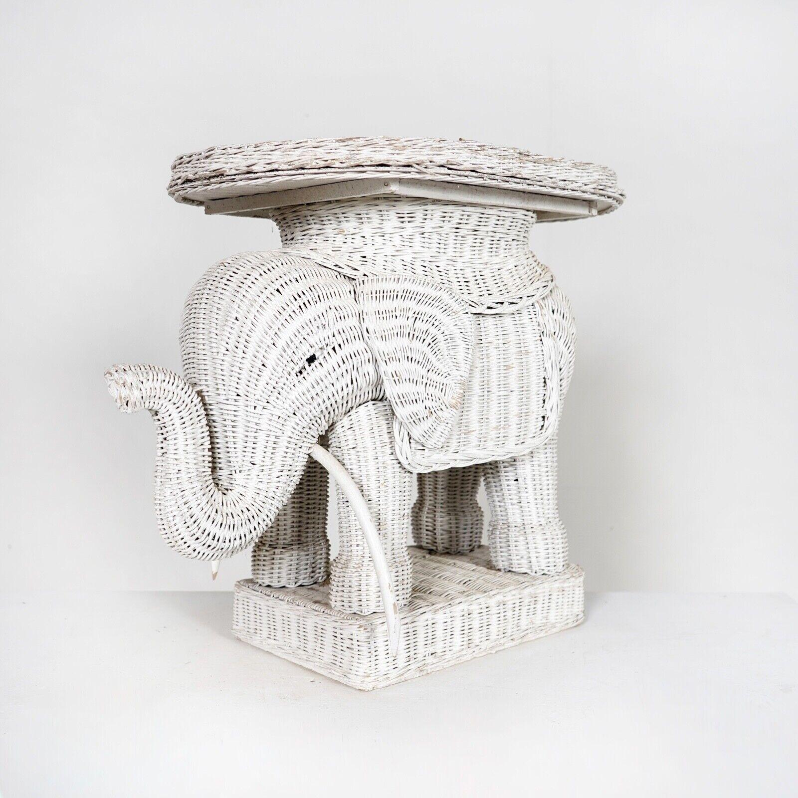 Vintage French White Wicker Can Elephant Side Table With Tray 7
