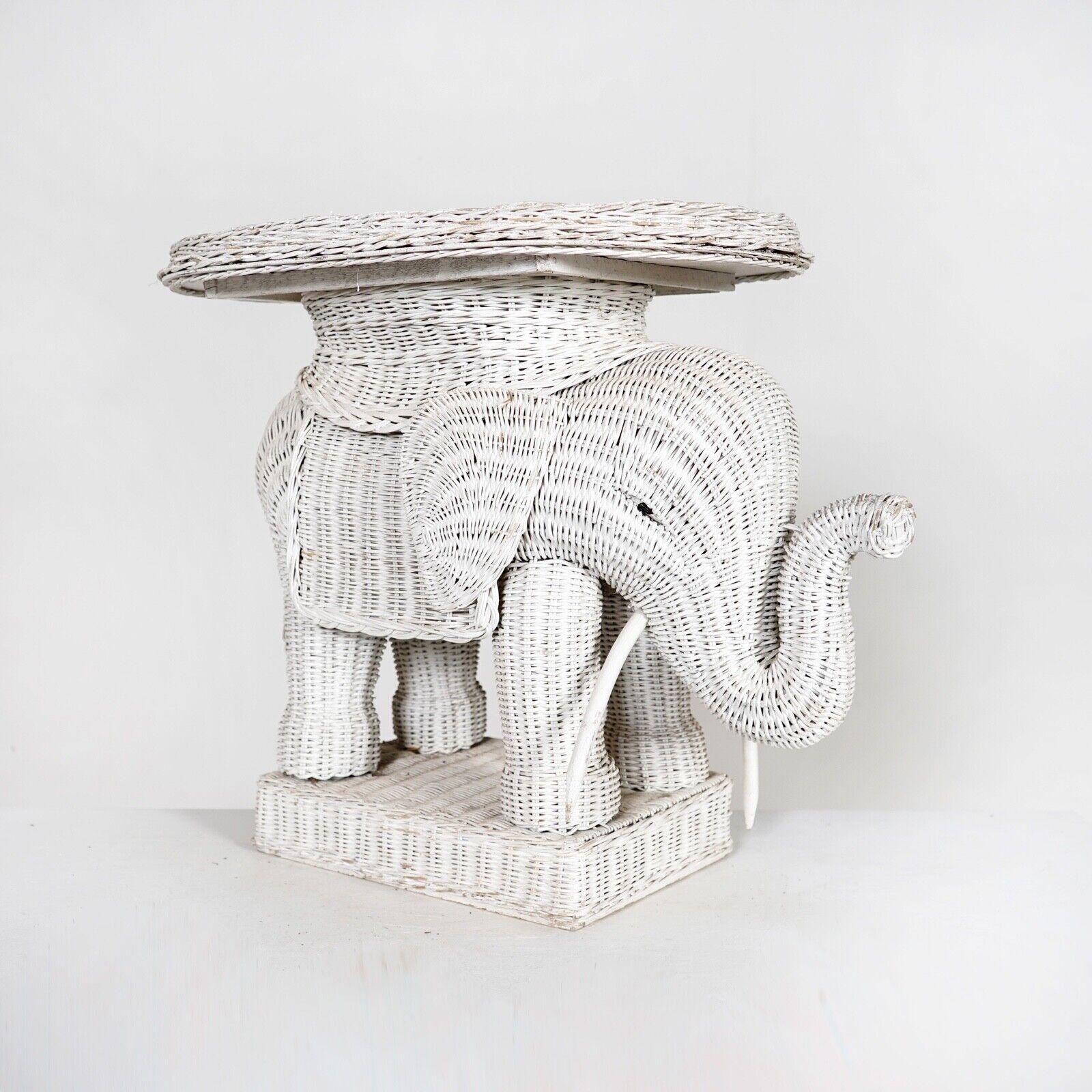 Painted Vintage French White Wicker Can Elephant Side Table With Tray
