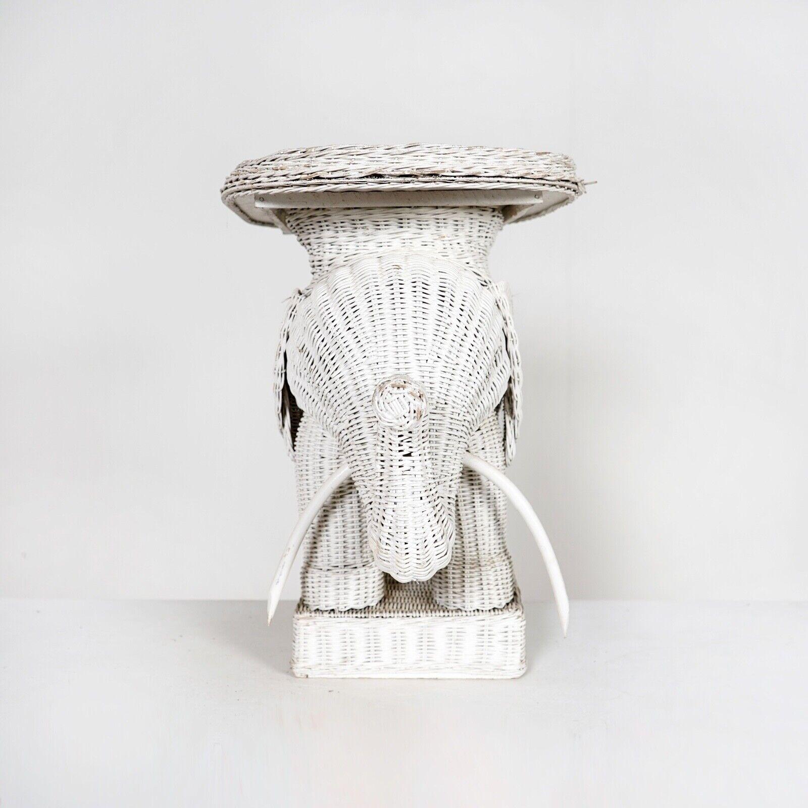 Vintage French White Wicker Can Elephant Side Table With Tray 1