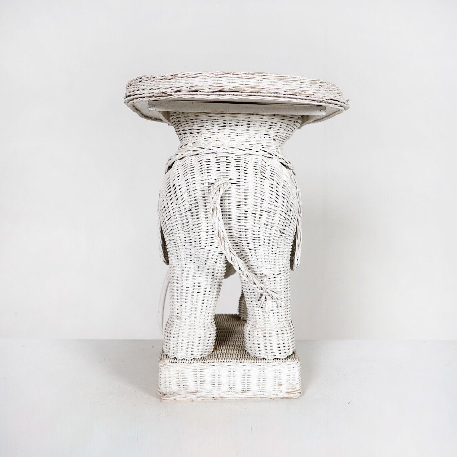 Vintage French White Wicker Can Elephant Side Table With Tray 2