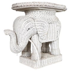 Vintage French White Wicker Can Elephant Side Table With Tray