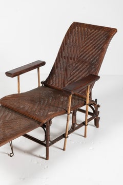 Vintage French Wicker and Bamboo Chaise Lounge with Adjustable Ottoman