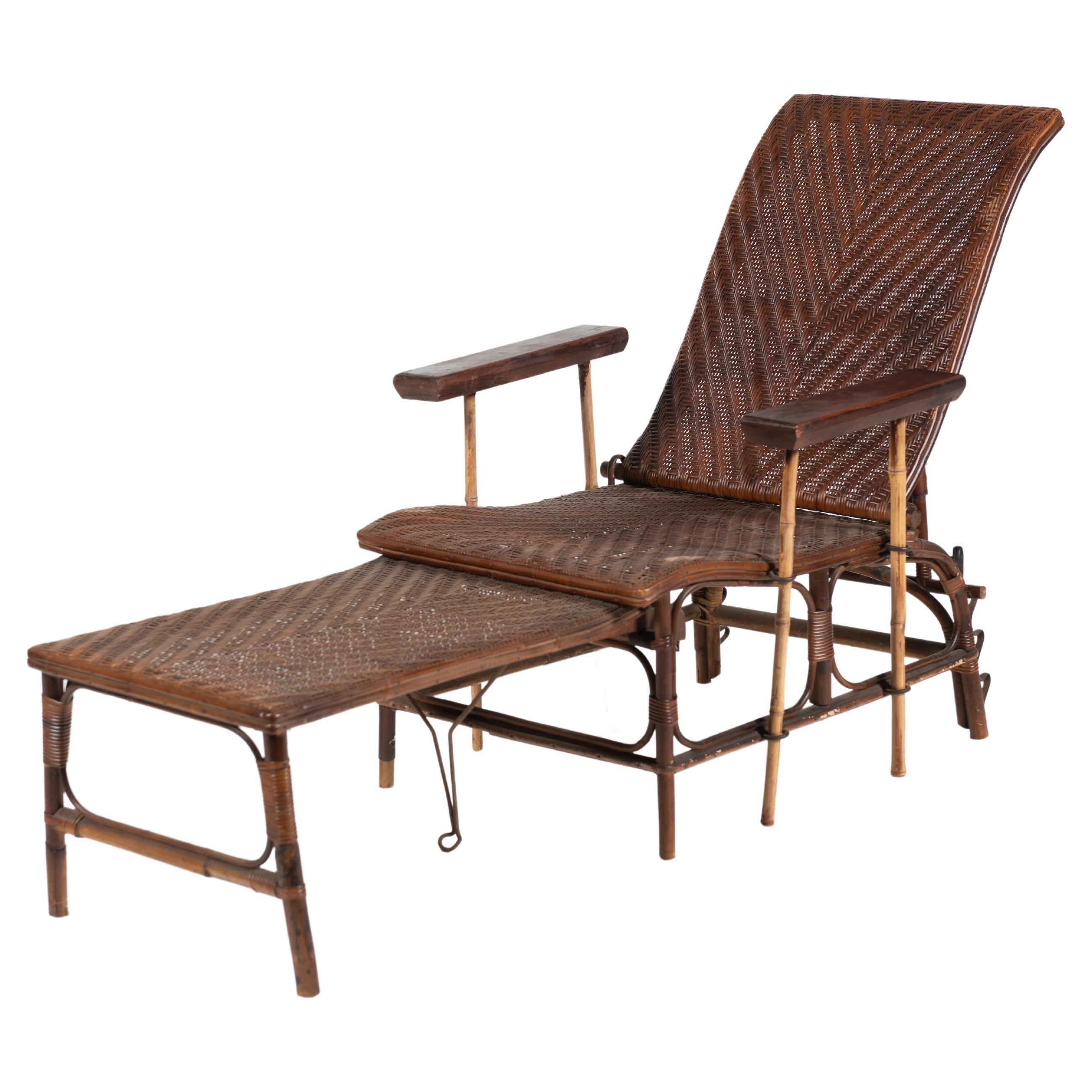 Vintage French Wicker and Bamboo Chaise Lounge with Adjustable Ottoman For Sale