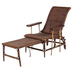 Vintage French Wicker and Bamboo Chaise Lounge with Adjustable Ottoman