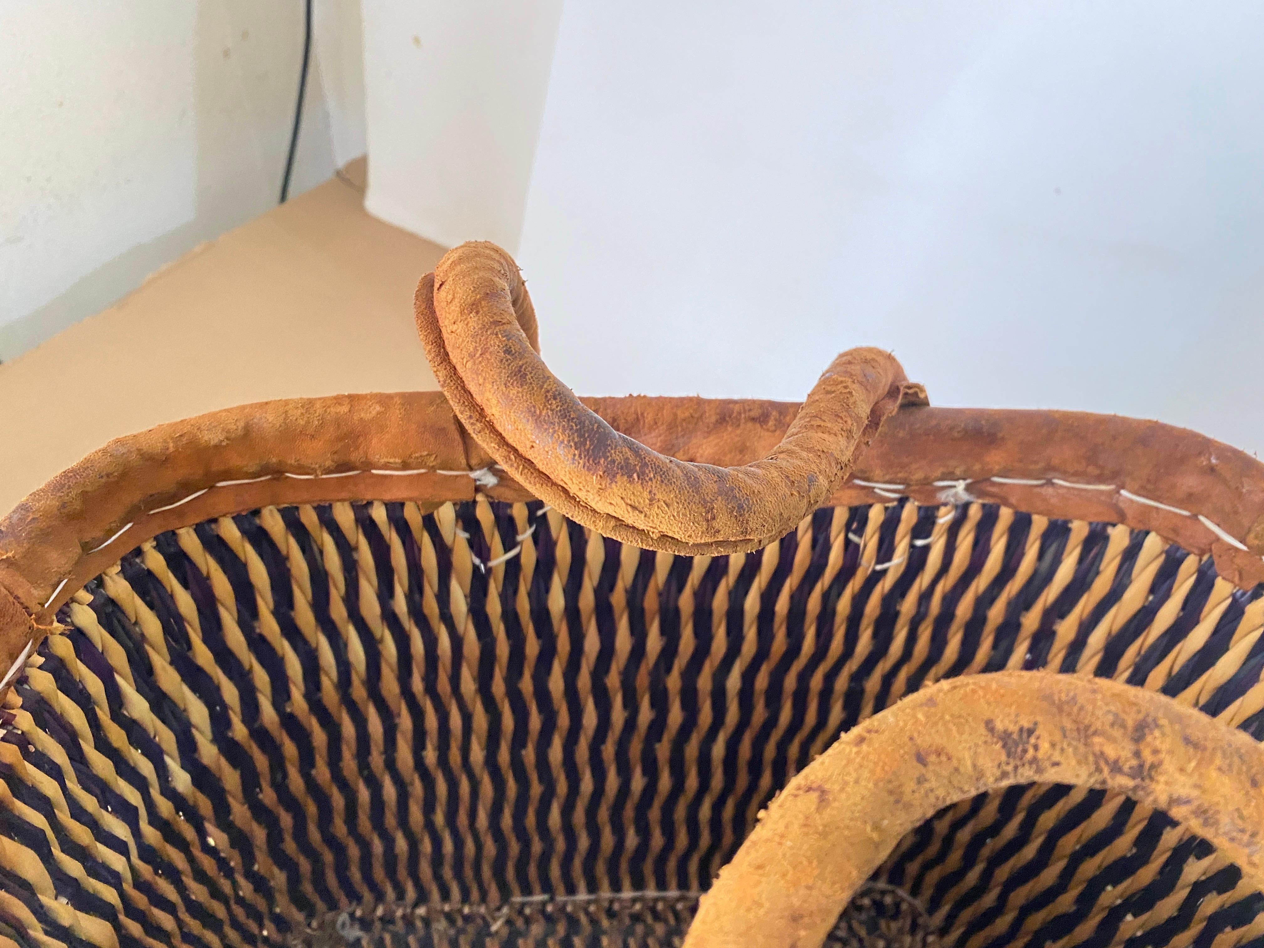 Vintage French Wicker Basket, Gold Color Stitched Leather Bag Handles France For Sale 6