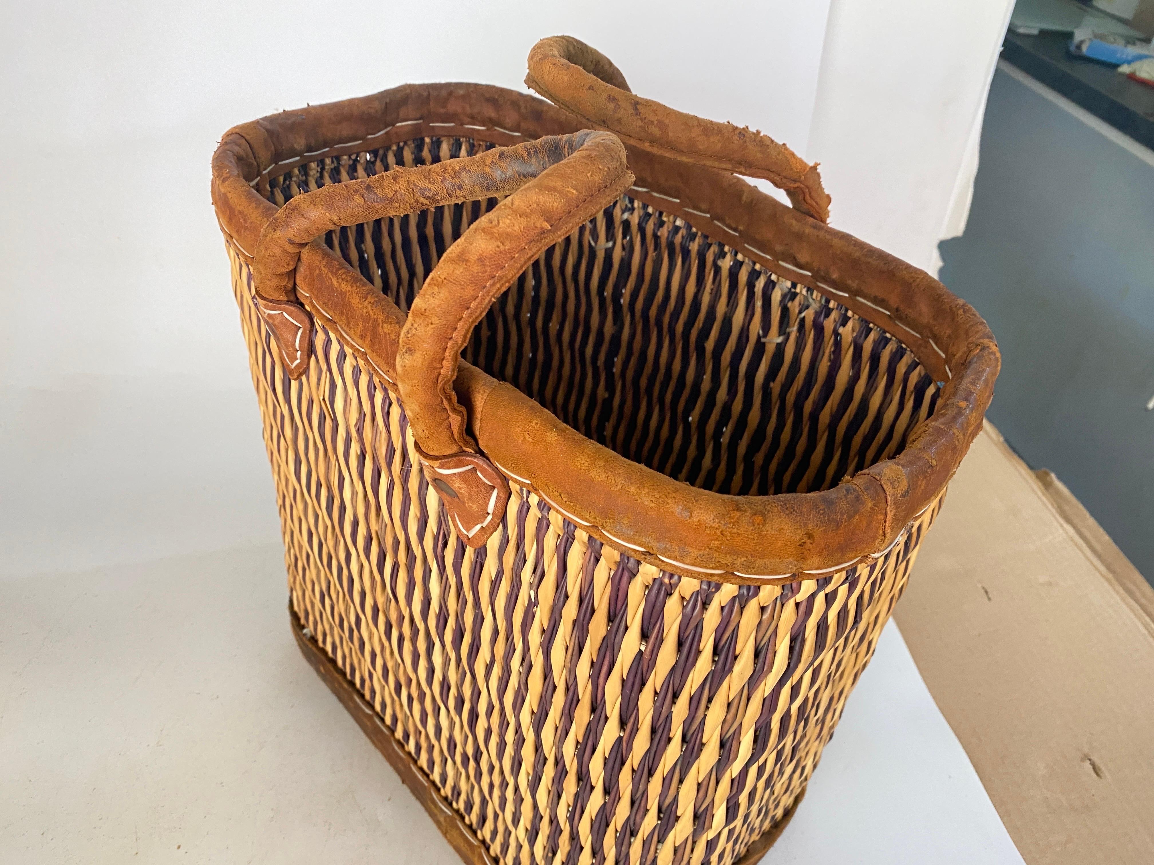Vintage French Wicker Basket, Gold Color Stitched Leather Bag Handles France For Sale 7