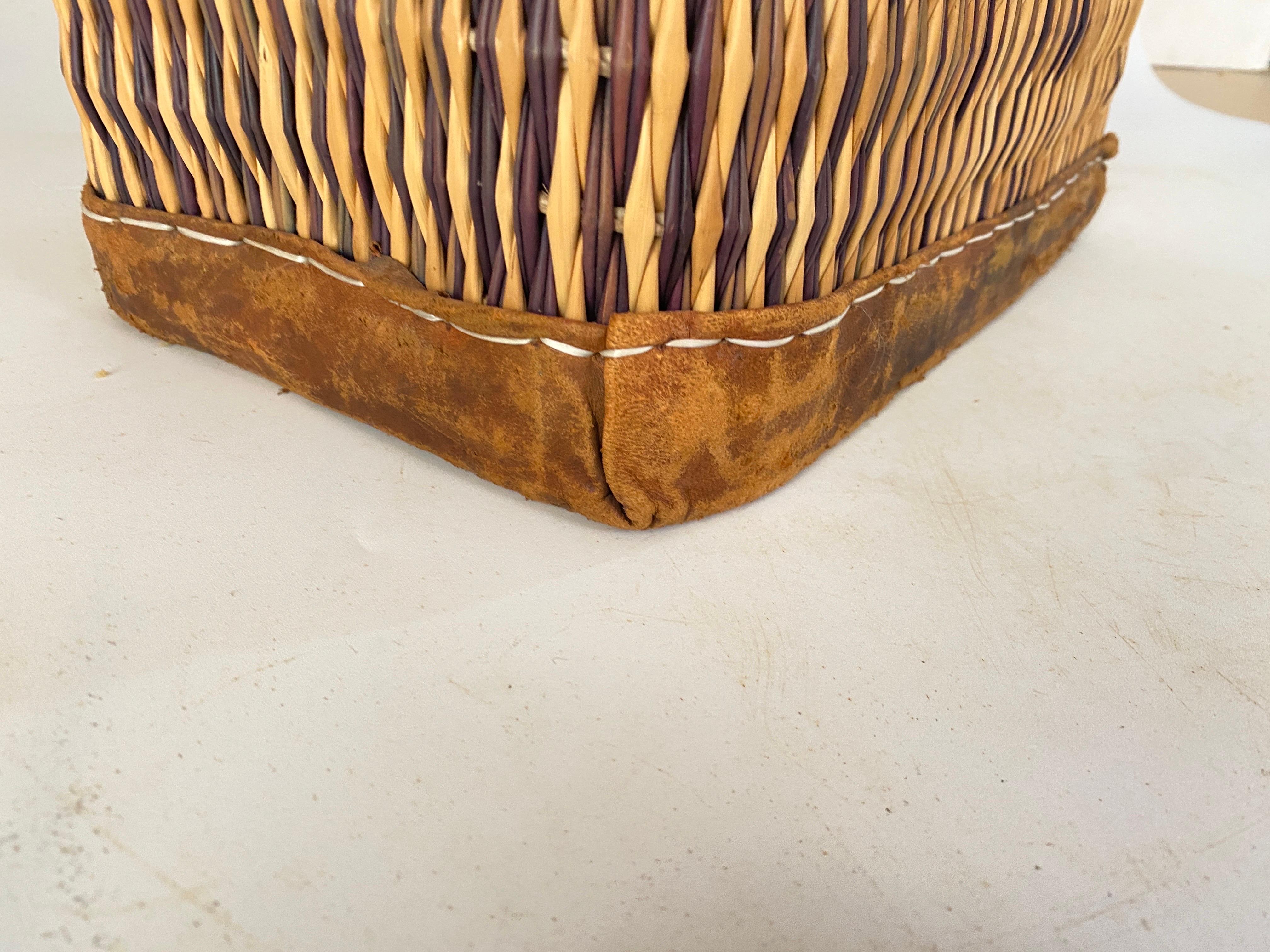 Vintage French Wicker Basket, Gold Color Stitched Leather Bag Handles France For Sale 8