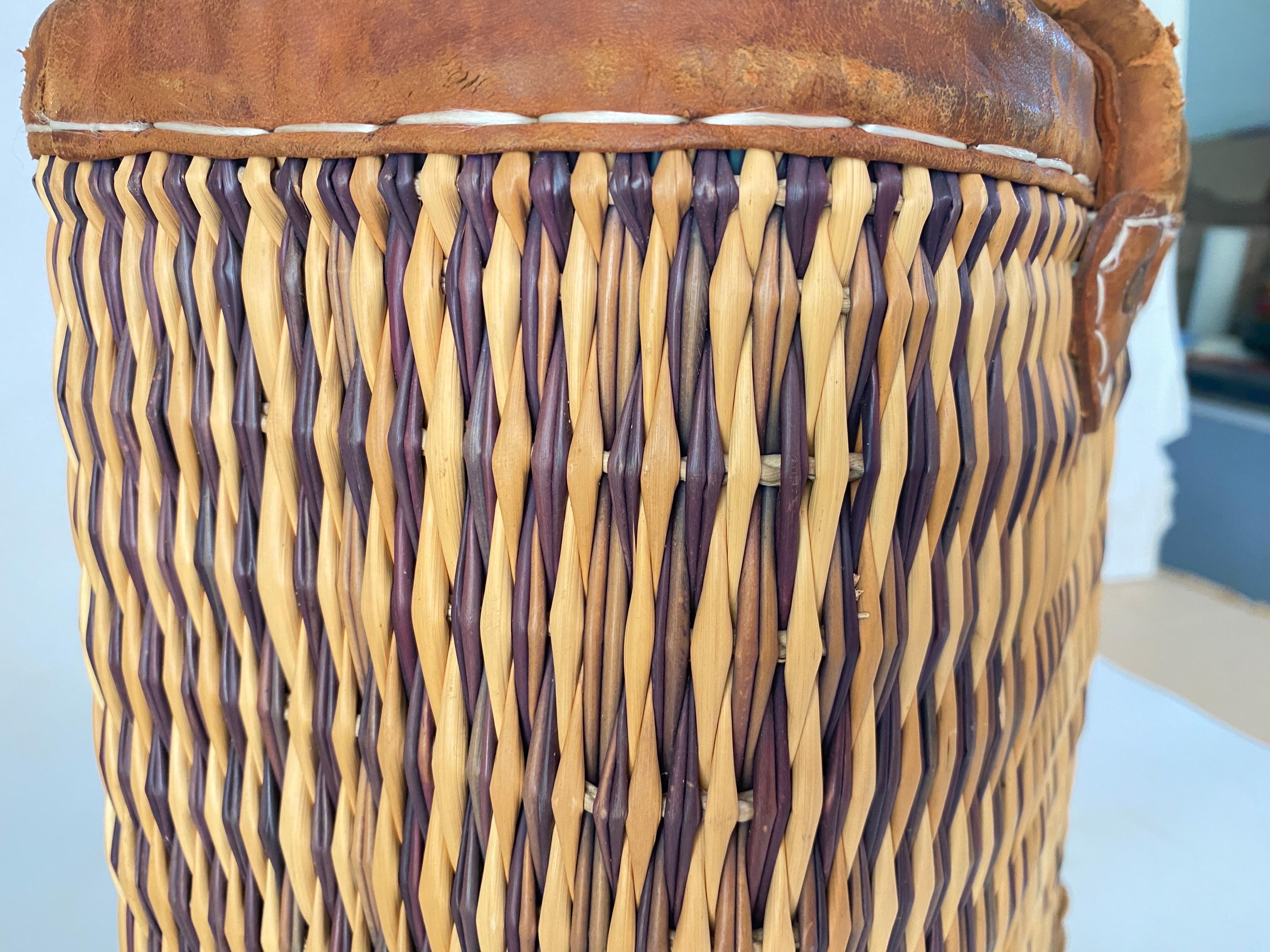 Vintage French Wicker Basket, Gold Color Stitched Leather Bag Handles France For Sale 9
