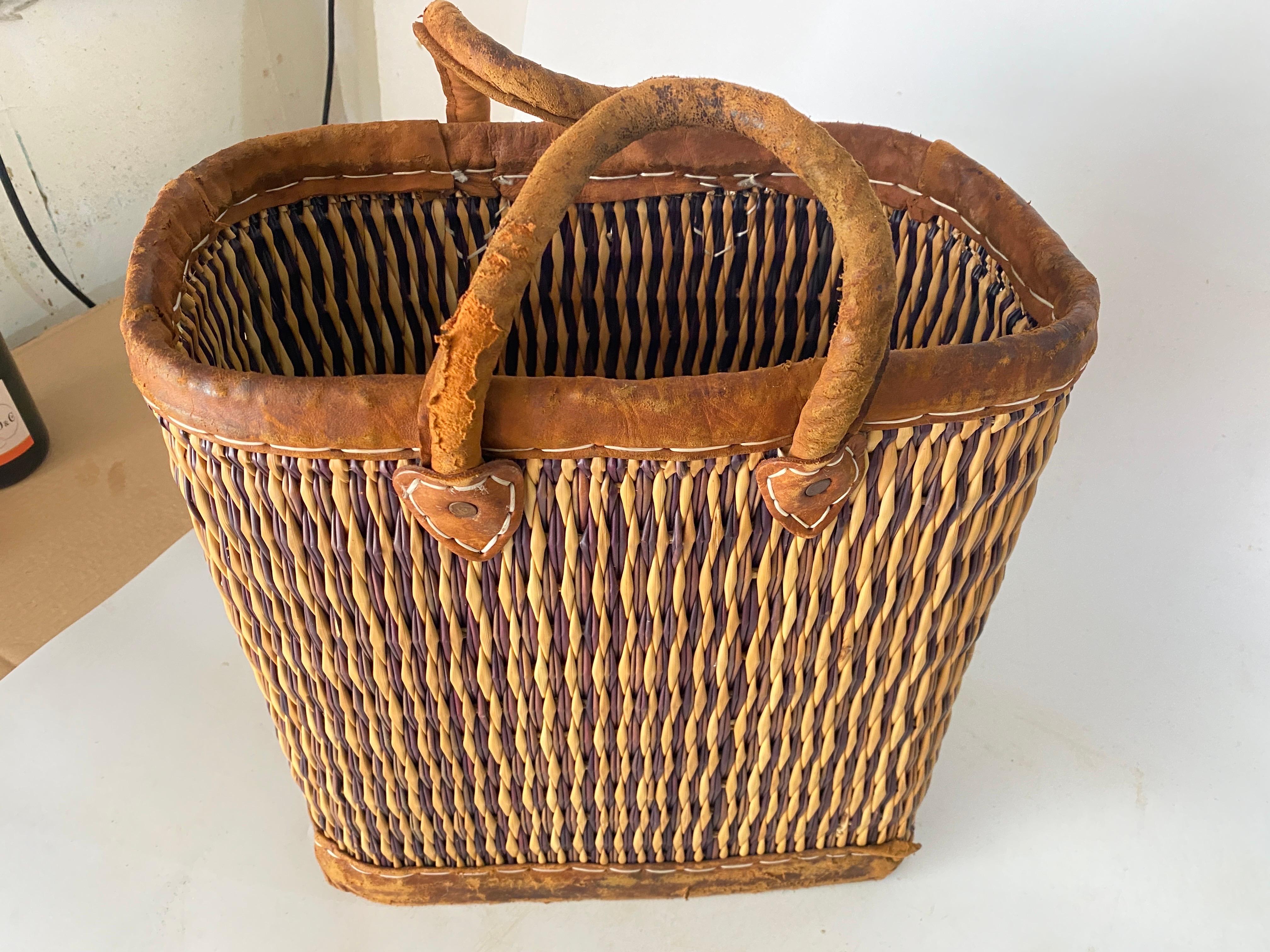 Vintage French Wicker Basket, Gold Color Stitched Leather Bag Handles France For Sale 10