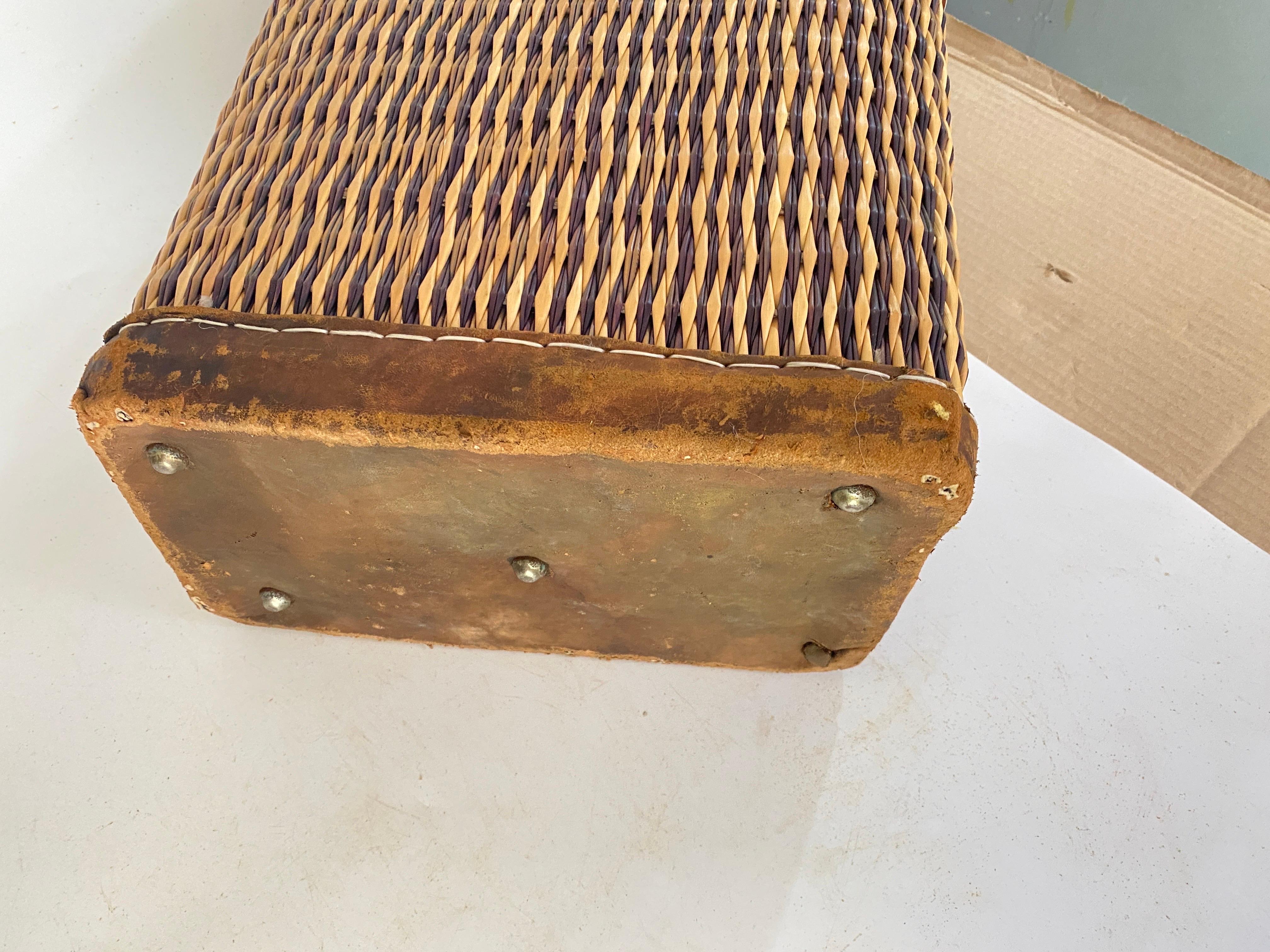 Vintage French Wicker Basket, Gold Color Stitched Leather Bag Handles France For Sale 13