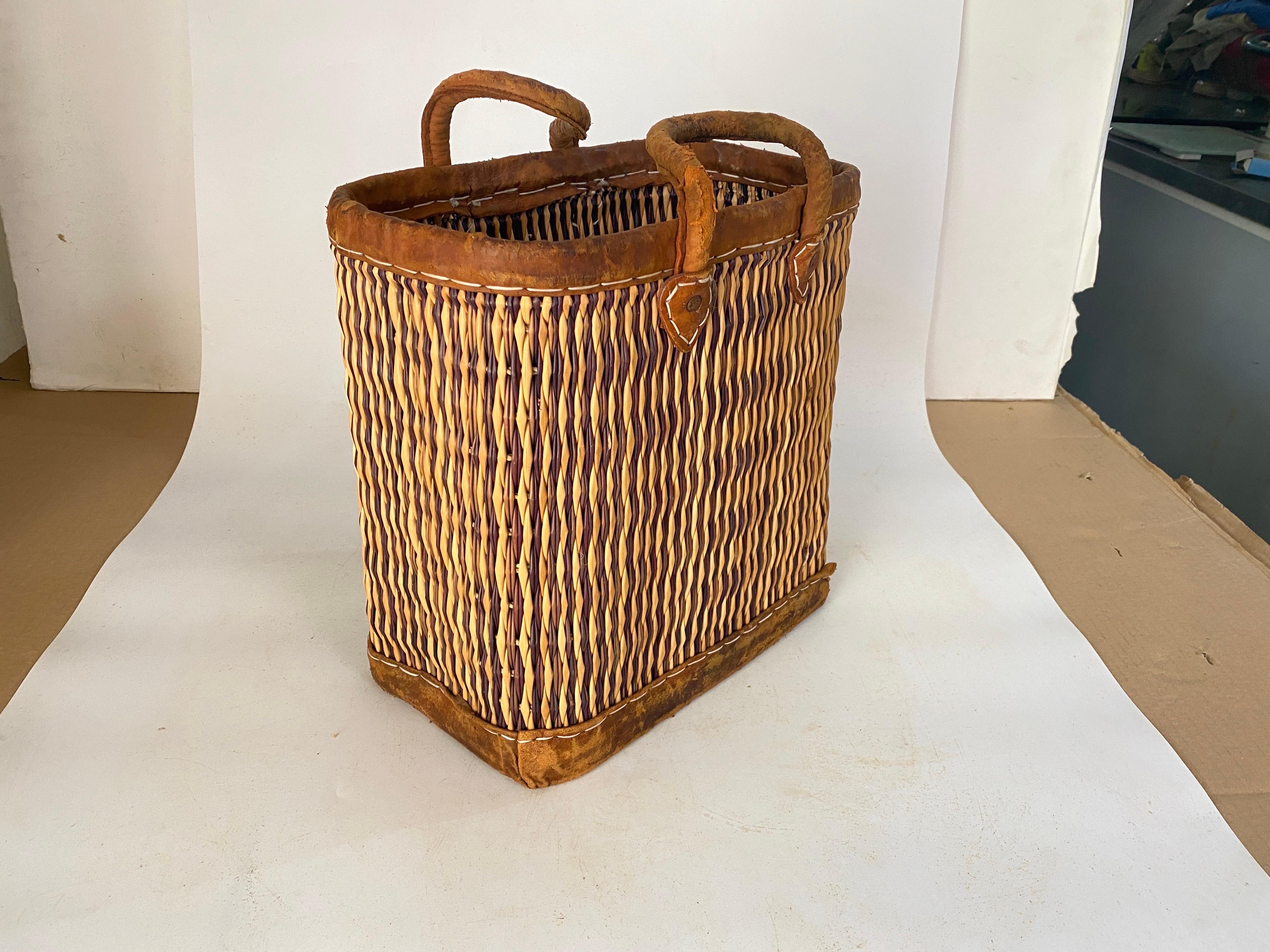 Vintage French Wicker Basket, Gold Color Stitched Leather Bag Handles France For Sale 15