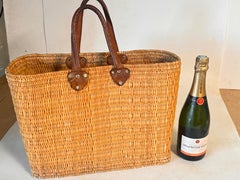 Vintage French Wicker Basket, Gold Color Stitched Leather Bag Handles France