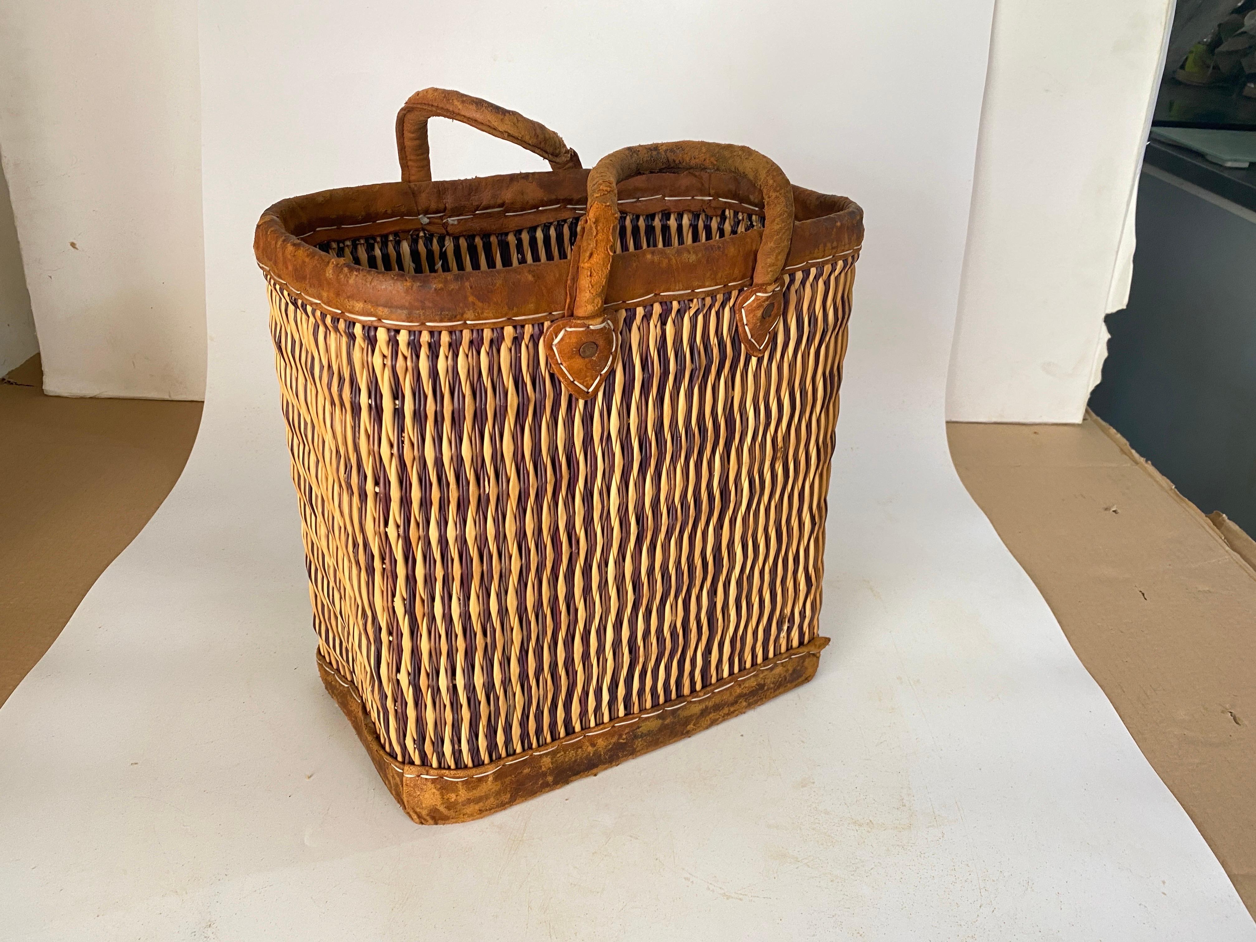 Vintage French Wicker Basket, Gold Color Stitched Leather Bag Handles France For Sale 16