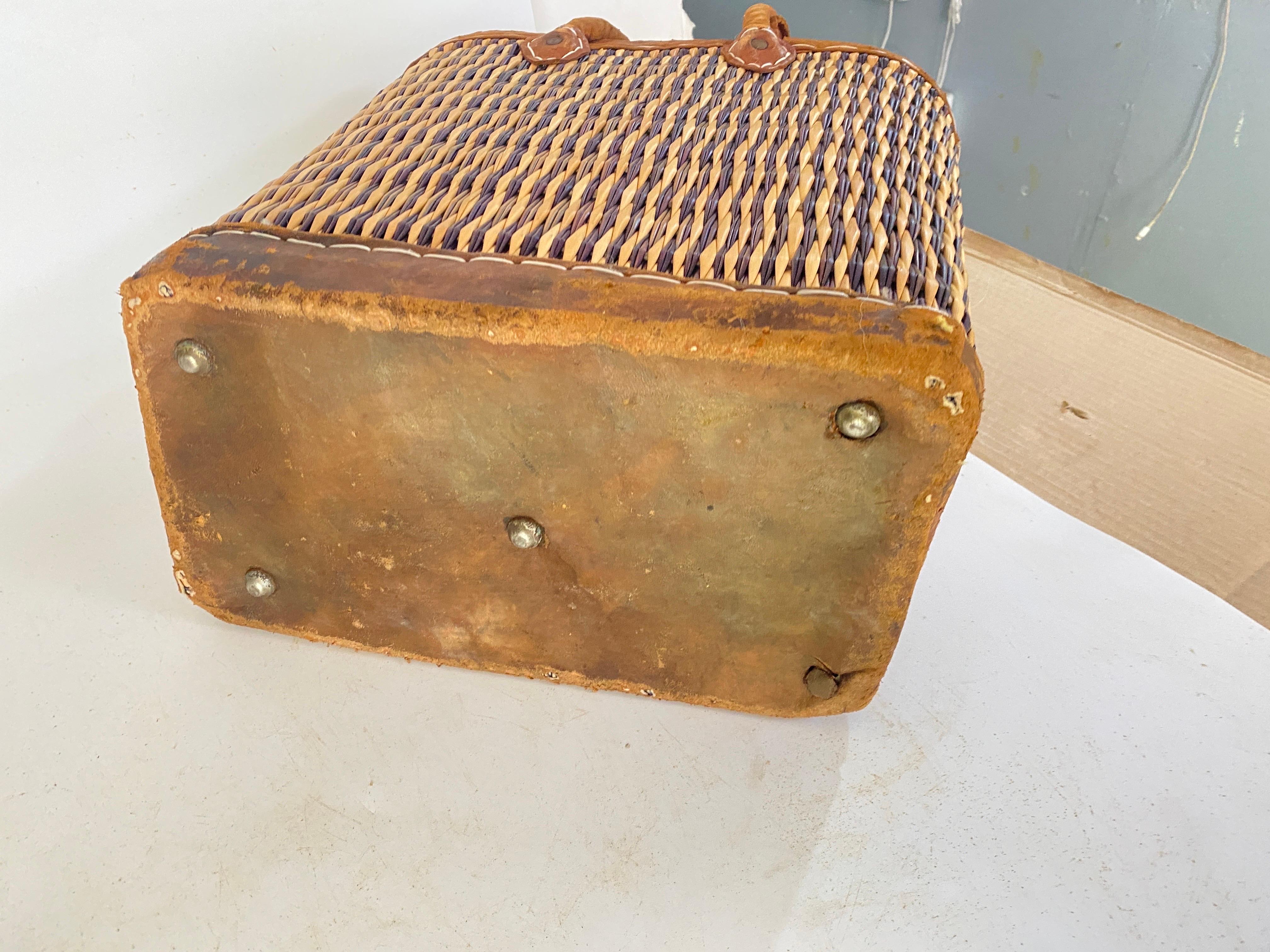 Vintage French Wicker Basket, Gold Color Stitched Leather Bag Handles France For Sale 20