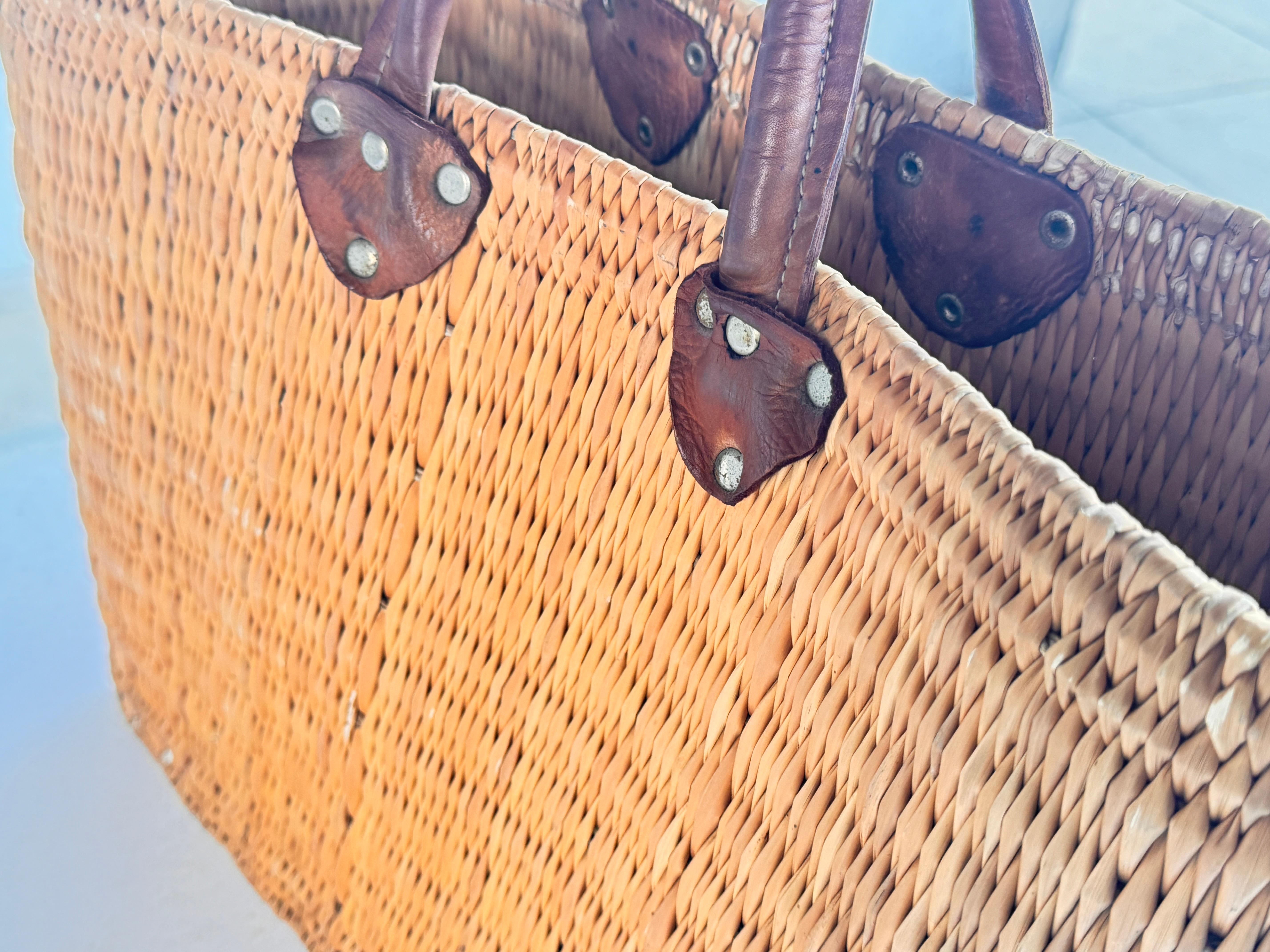 Late 20th Century Vintage French Wicker Basket, Gold Color Stitched Leather Bag Handles France For Sale
