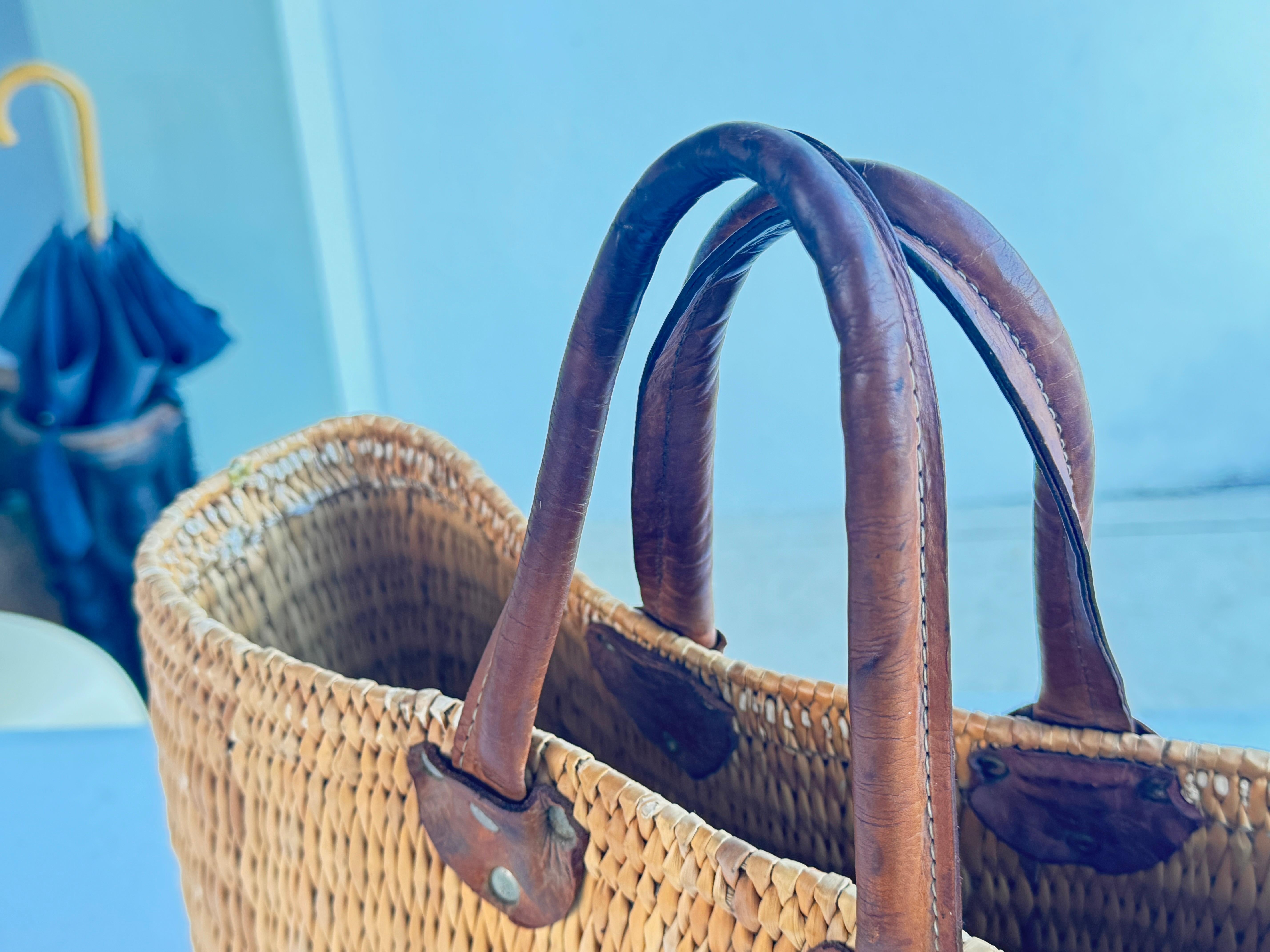 Vintage French Wicker Basket, Gold Color Stitched Leather Bag Handles France For Sale 1