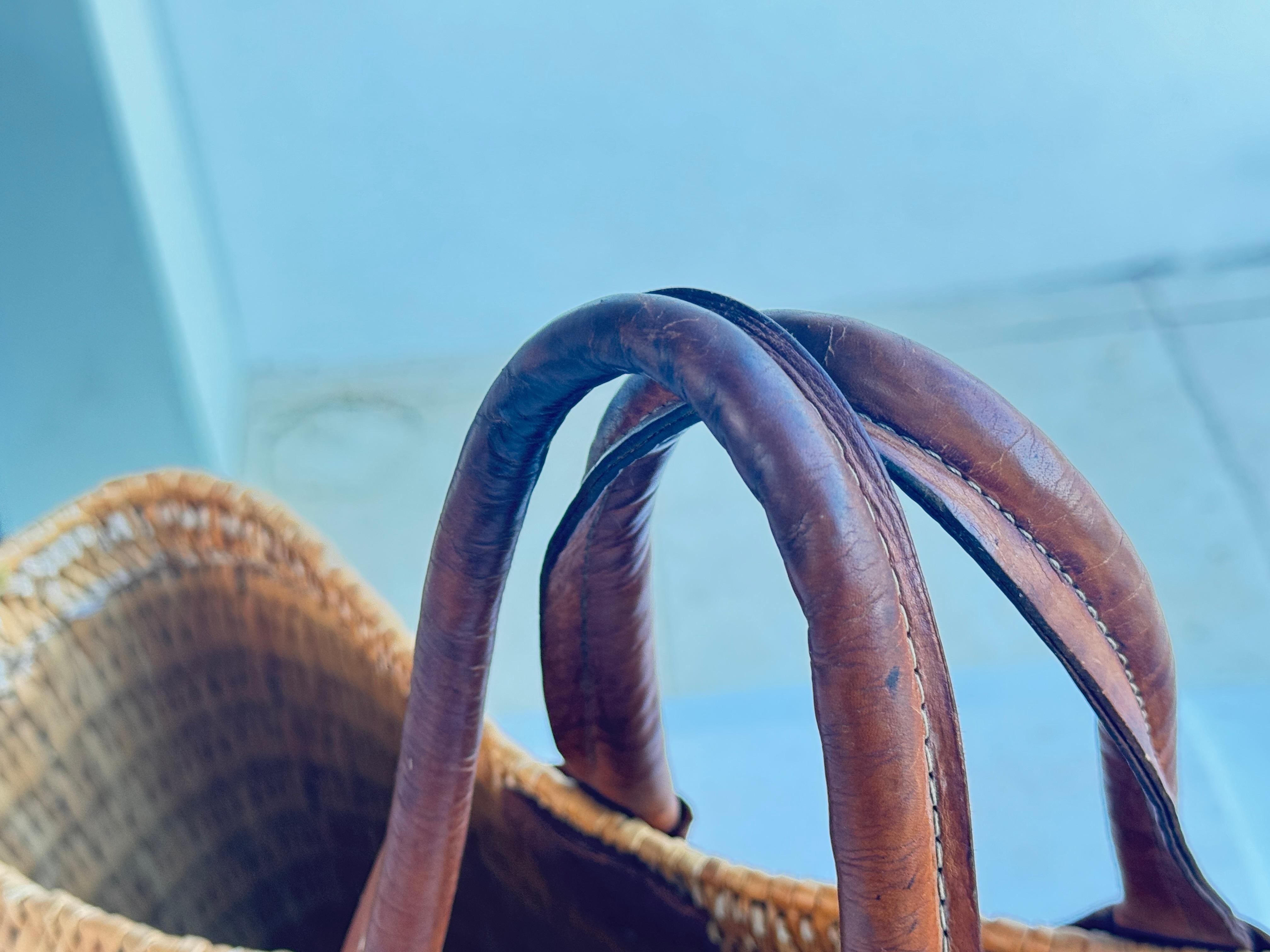 Vintage French Wicker Basket, Gold Color Stitched Leather Bag Handles France For Sale 2
