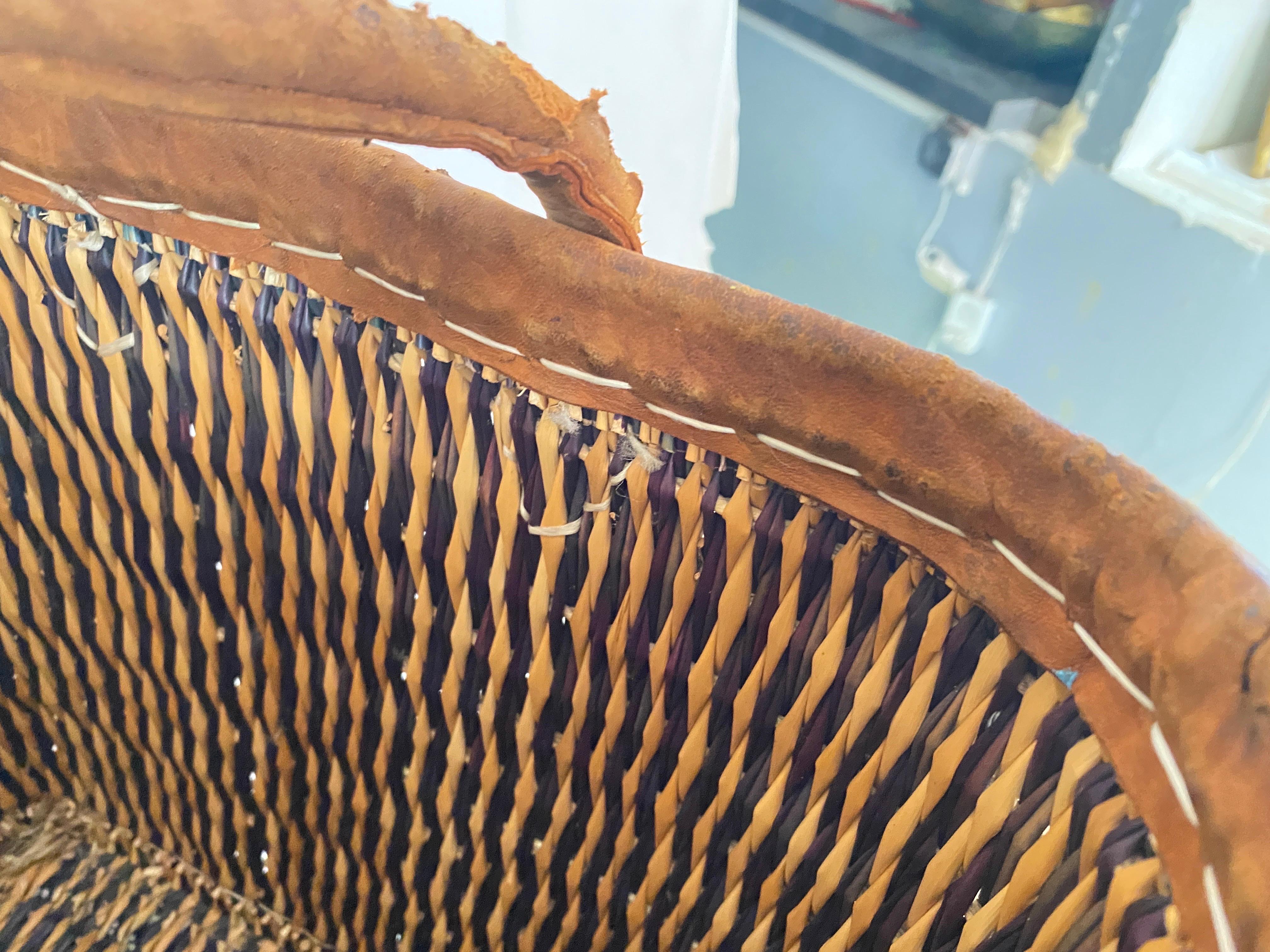 Vintage French Wicker Basket, Gold Color Stitched Leather Bag Handles France For Sale 3
