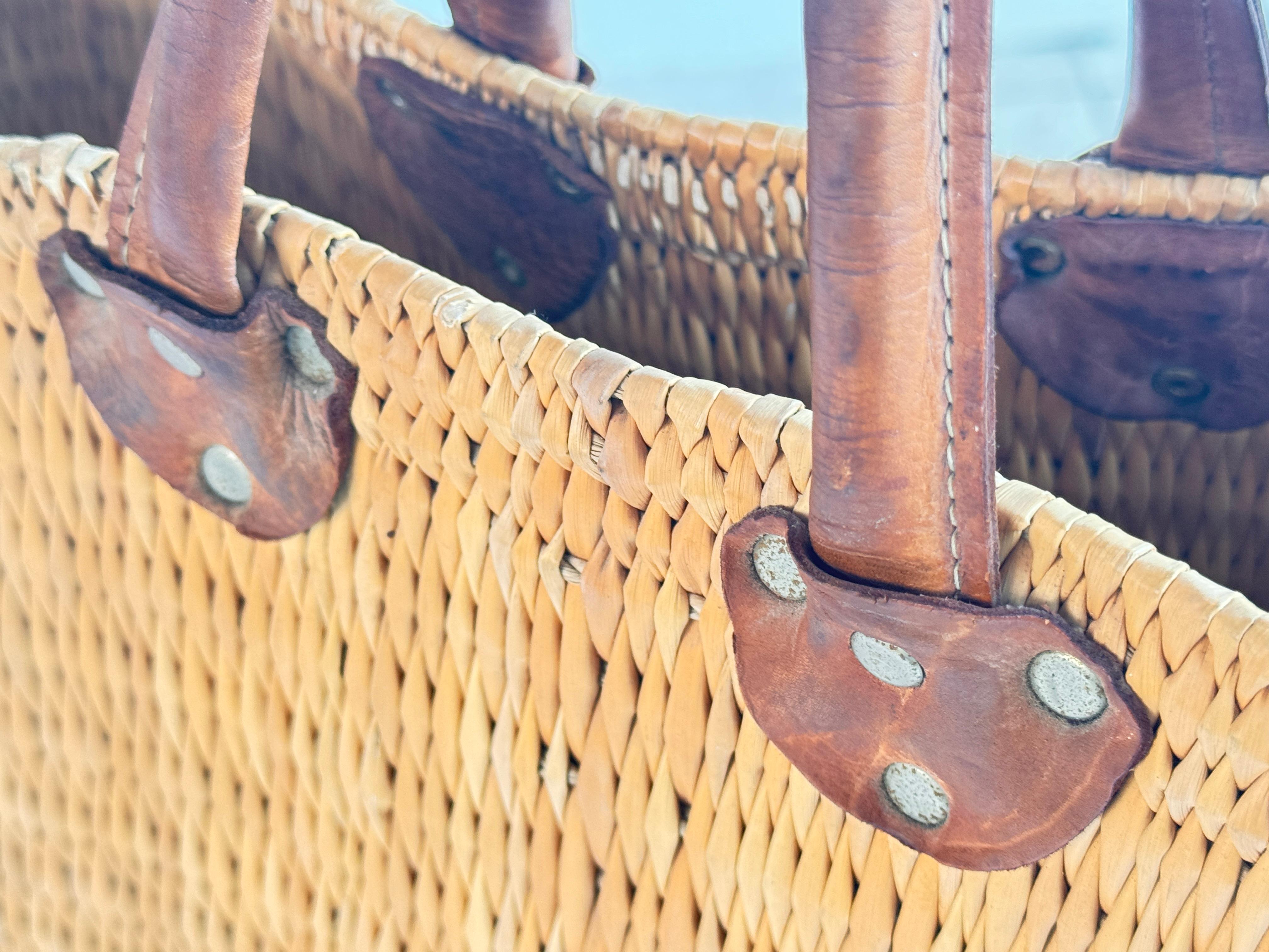 Vintage French Wicker Basket, Gold Color Stitched Leather Bag Handles France For Sale 3