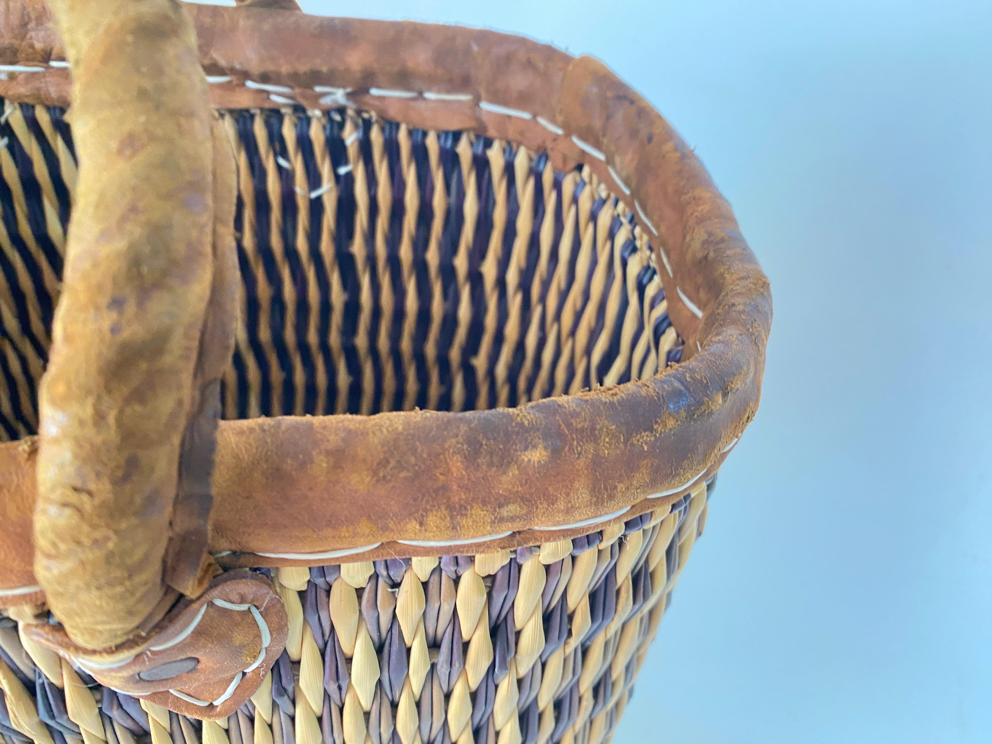 Vintage French Wicker Basket, Gold Color Stitched Leather Bag Handles France For Sale 5
