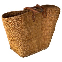 Cesta de mimbre francesa vintage, color dorado, asas de bolso de cuero cosidas, Francia