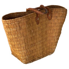 Retro French Wicker Basket, Gold Color, Stitched Leather Bag Handles, France