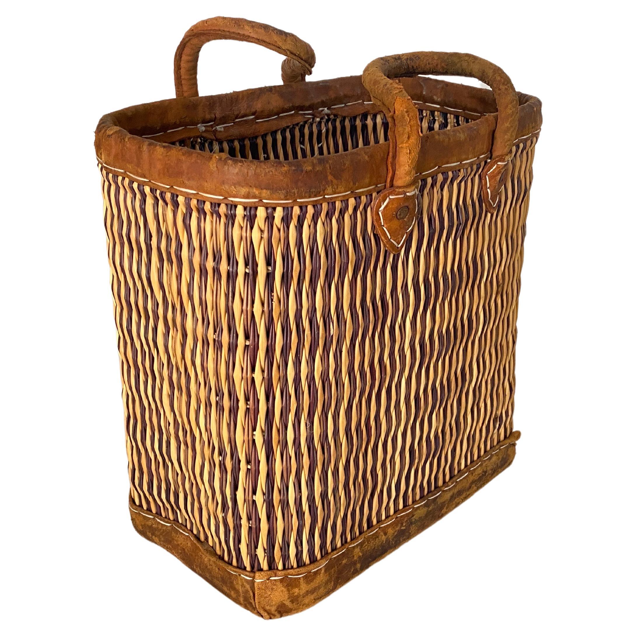 Vintage French Wicker Basket, Gold Color Stitched Leather Bag Handles France For Sale