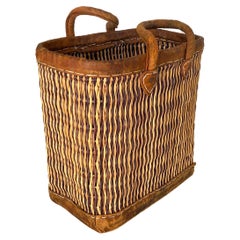 Vintage French Wicker Basket, Gold Color Stitched Leather Bag Handles France
