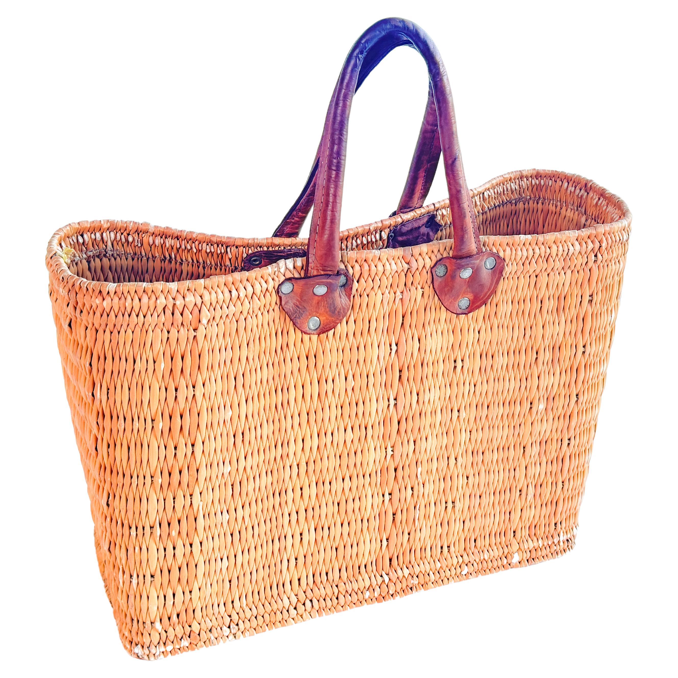 Vintage French Wicker Basket, Gold Color Stitched Leather Bag Handles France For Sale