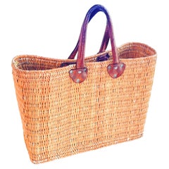 Vintage French Wicker Basket, Gold Color Stitched Leather Bag Handles France