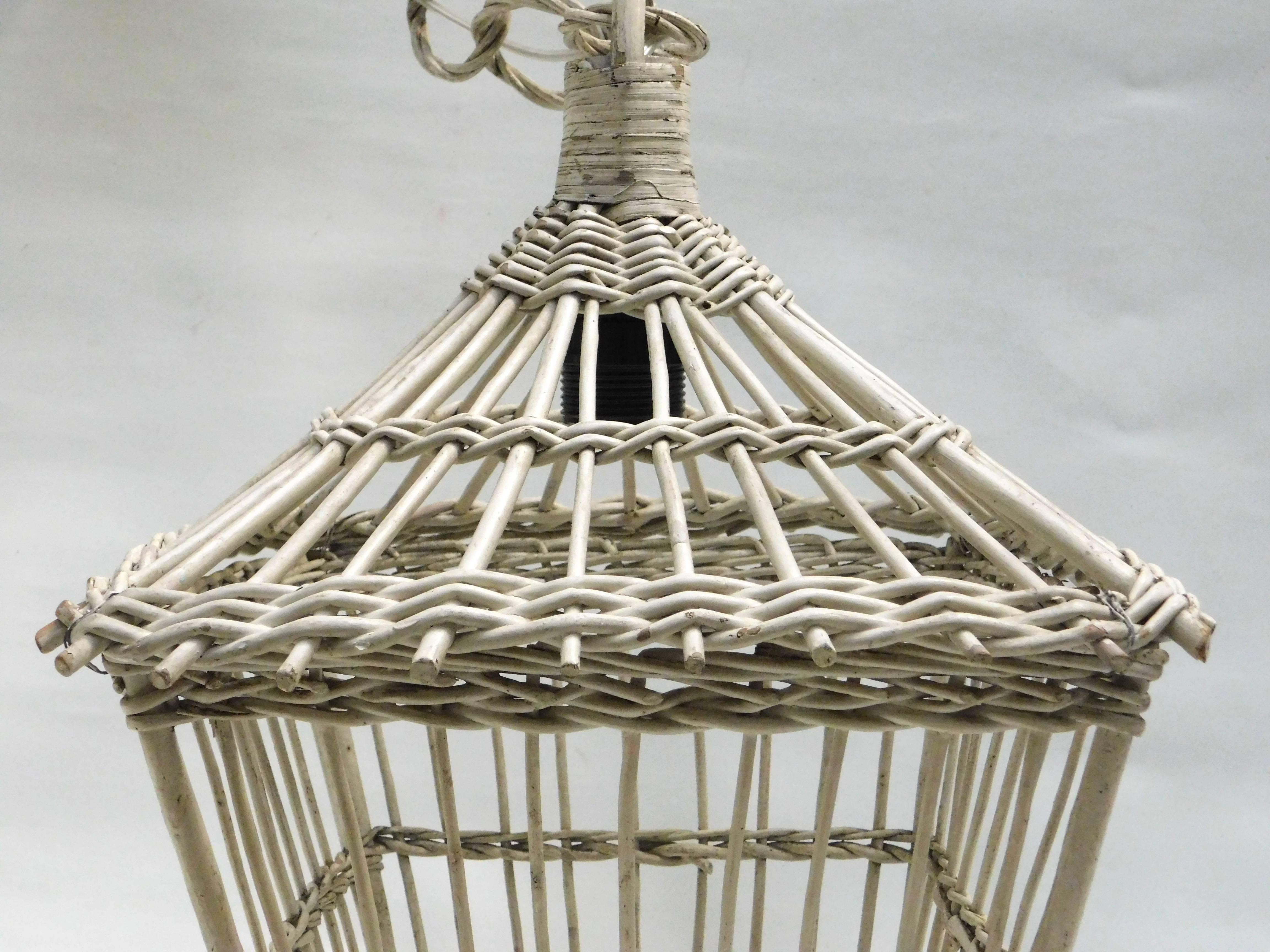 Vintage French Wicker Hanging Lantern/ Pendant Lamp Chandelier In Good Condition In Antwerp, BE