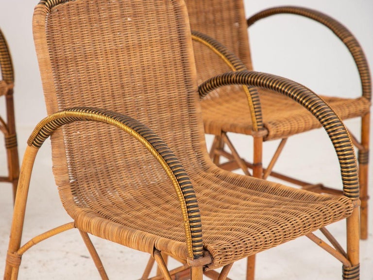 Vintage French Wicker Set of Four chairs and Table For Sale at 1stDibs